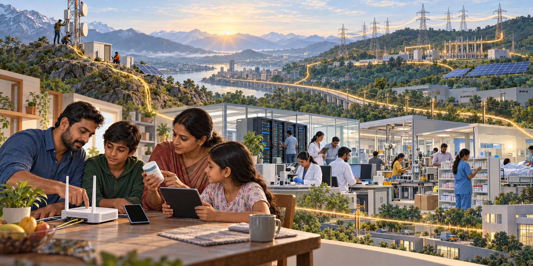 Infrastructure workers, institutional professionals and a family strengthen communications, manufacturing, health supplies and digital safety across three connected settings.