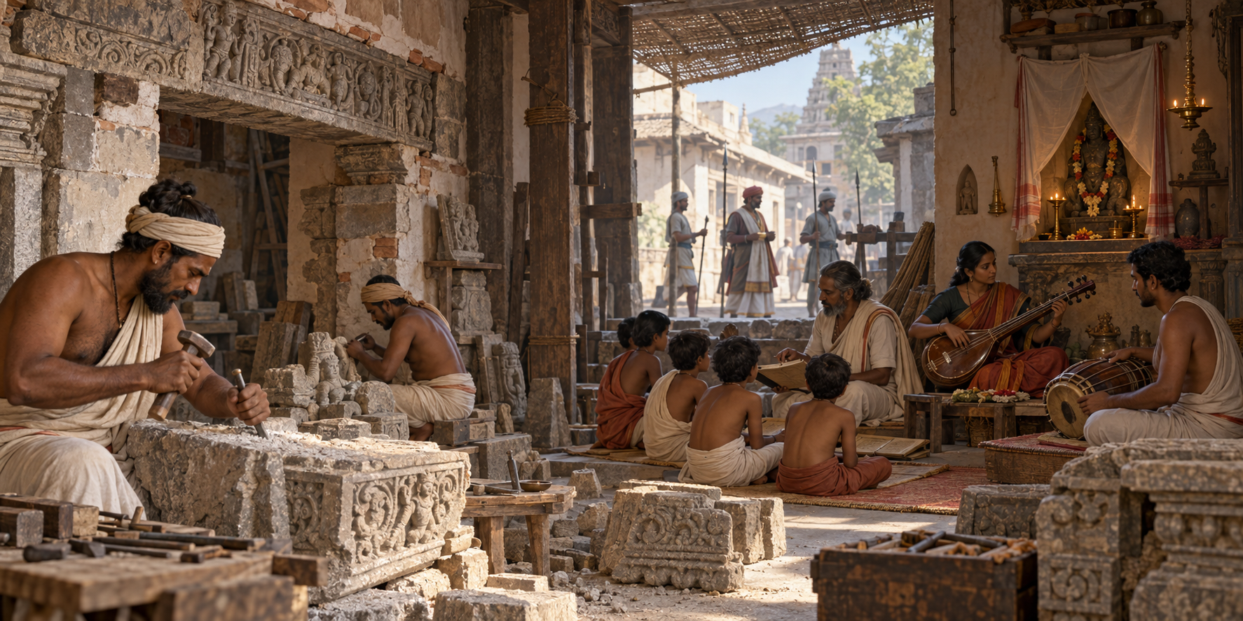 Artisans repair carved stone while a teacher instructs children and musicians practice in a workshop built beside an older temple wall, with officials passing outside.