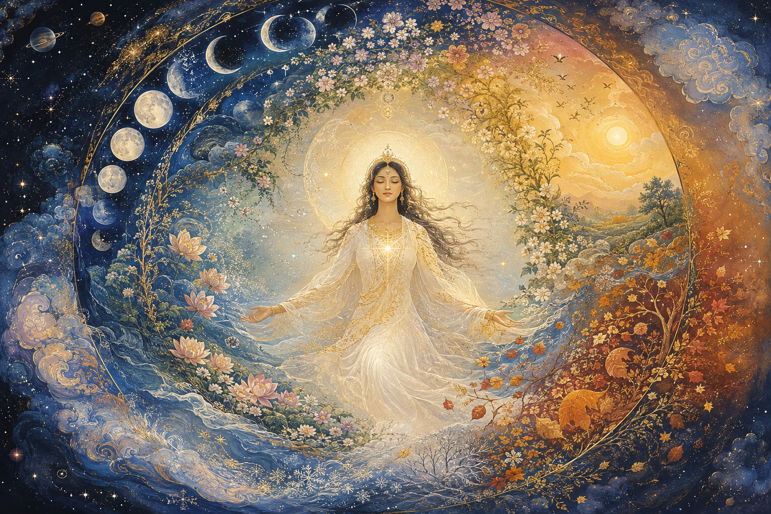 A luminous feminine presence remains still at the center of a turning cosmic wheel of moon phases, seasons, dawn, and night.