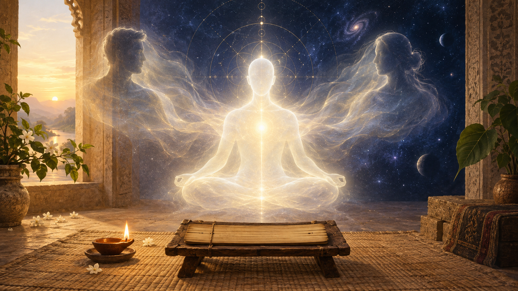 A gender-indeterminate figure made of golden light meditates between two fading human shadows beside an unmarked palm-leaf folio and clay lamp.