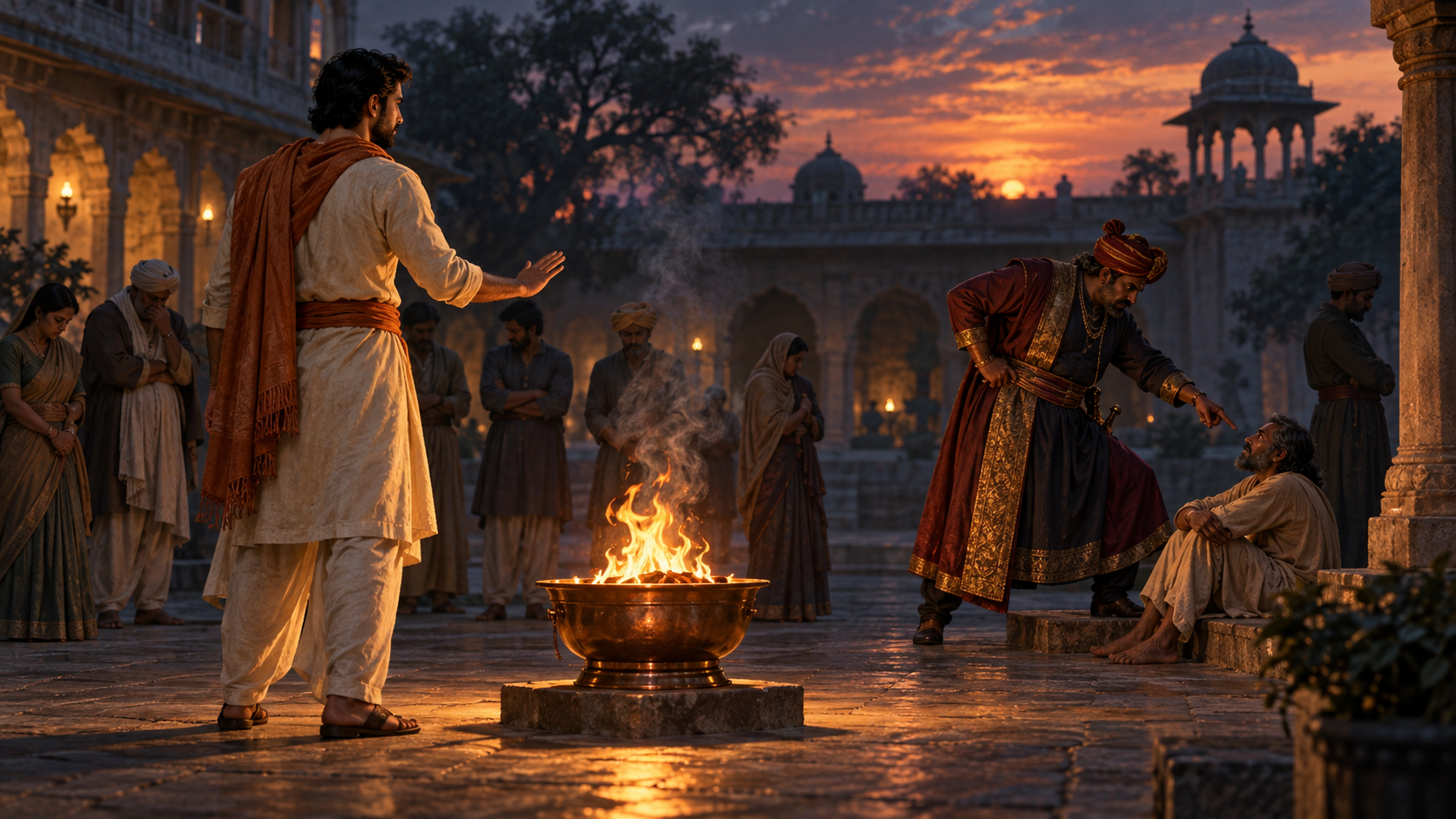 A witness stands beside a glowing fire in an Indian courtyard while a powerful figure intimidates a seated person and other bystanders look away.