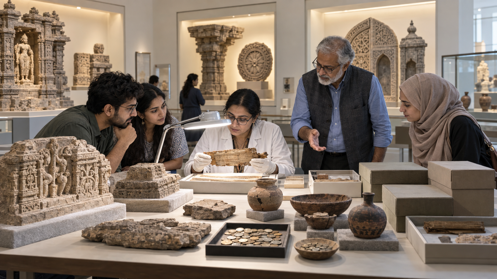 Researchers, conservators, and museum visitors examine manuscripts, coins, pottery, and architectural fragments from temple and Indo-Islamic sites around a conservation table.