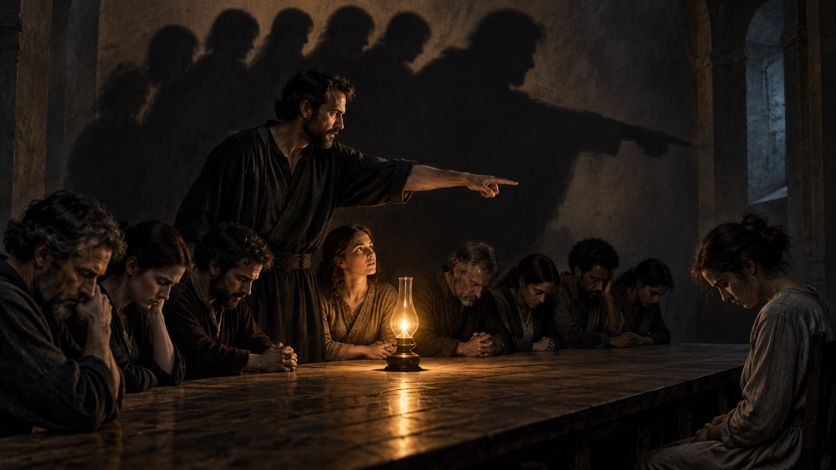 Silent people sit around a table as one person accuses a vulnerable individual, while a small flame illuminates a witness who looks up.