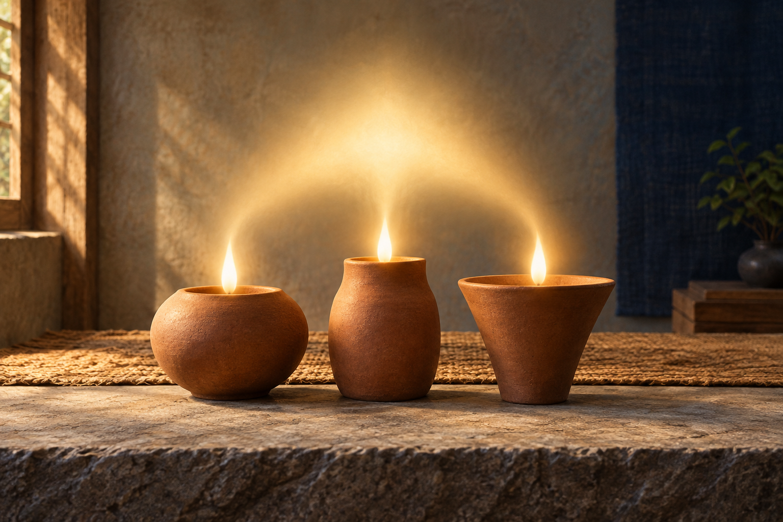 Three differently shaped clay vessels hold identical golden flames that merge into one radiance.