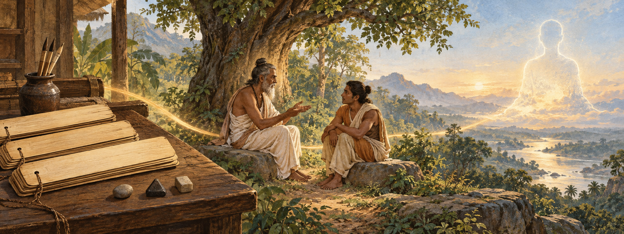 Unmarked folios on a desk, two people speaking beneath a tree, and a gender-indeterminate figure dissolving into luminous space form three connected scenes.