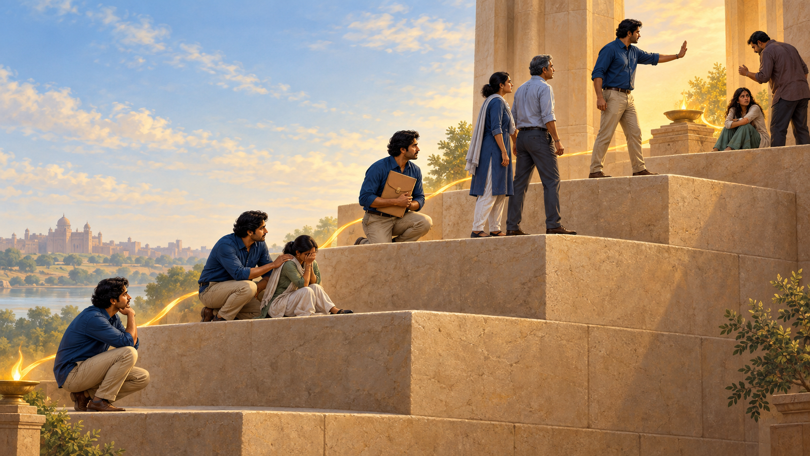 A person moves up stone terraces from careful observation to gathering support and peacefully raising a hand to stop mistreatment.