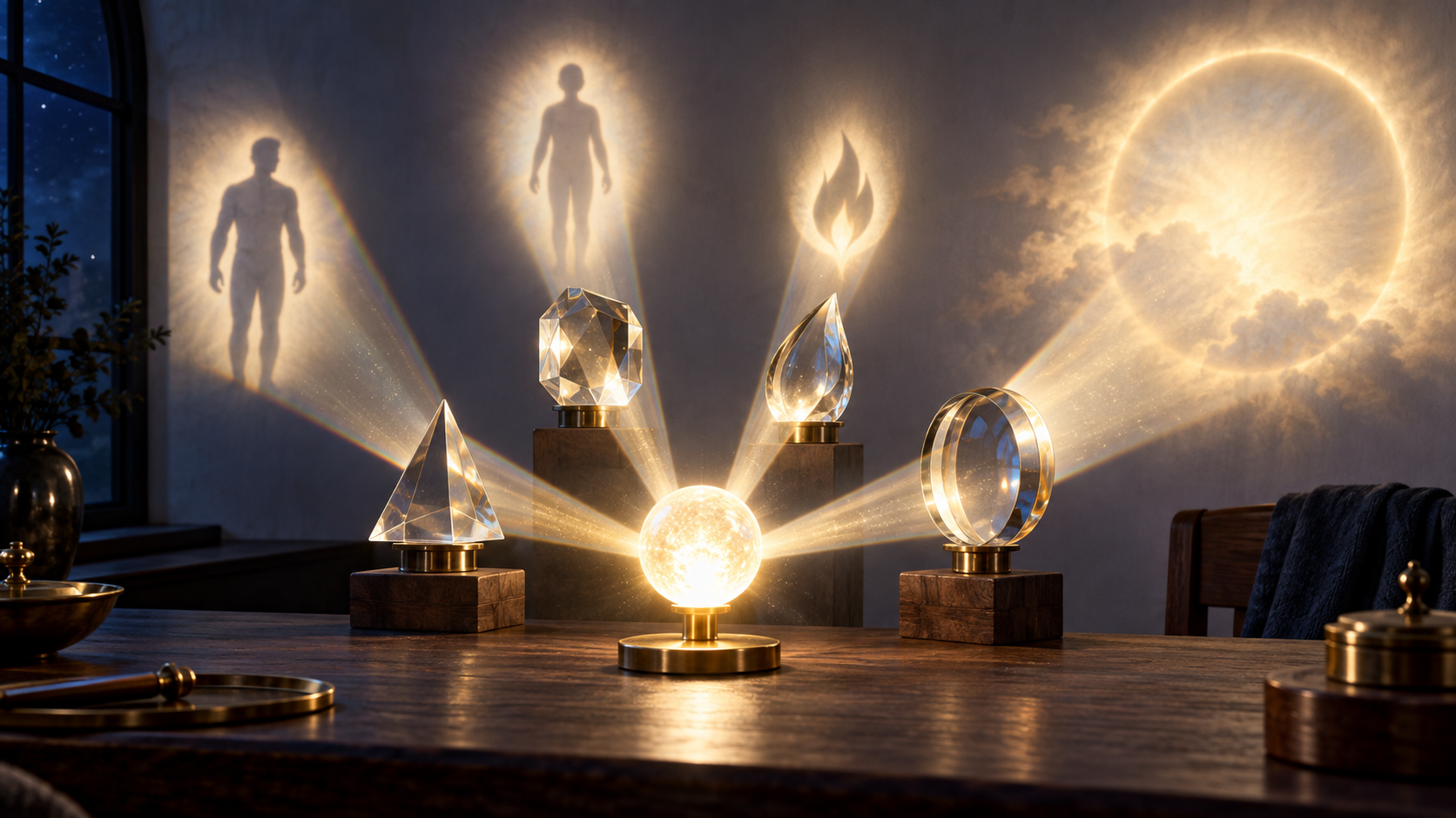 One glowing sphere shines through four glass prisms, producing different human and abstract projections on a wall.
