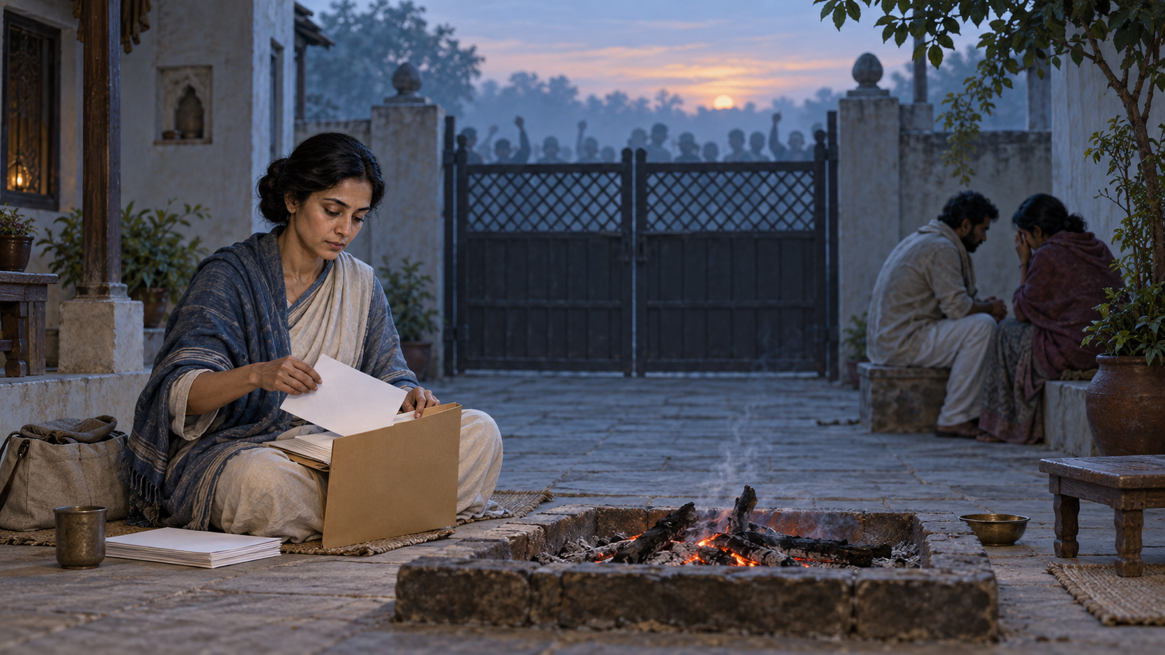 At dawn, a calm witness organizes blank papers beside fading embers while two people confer privately and a distant crowd remains behind a gate.