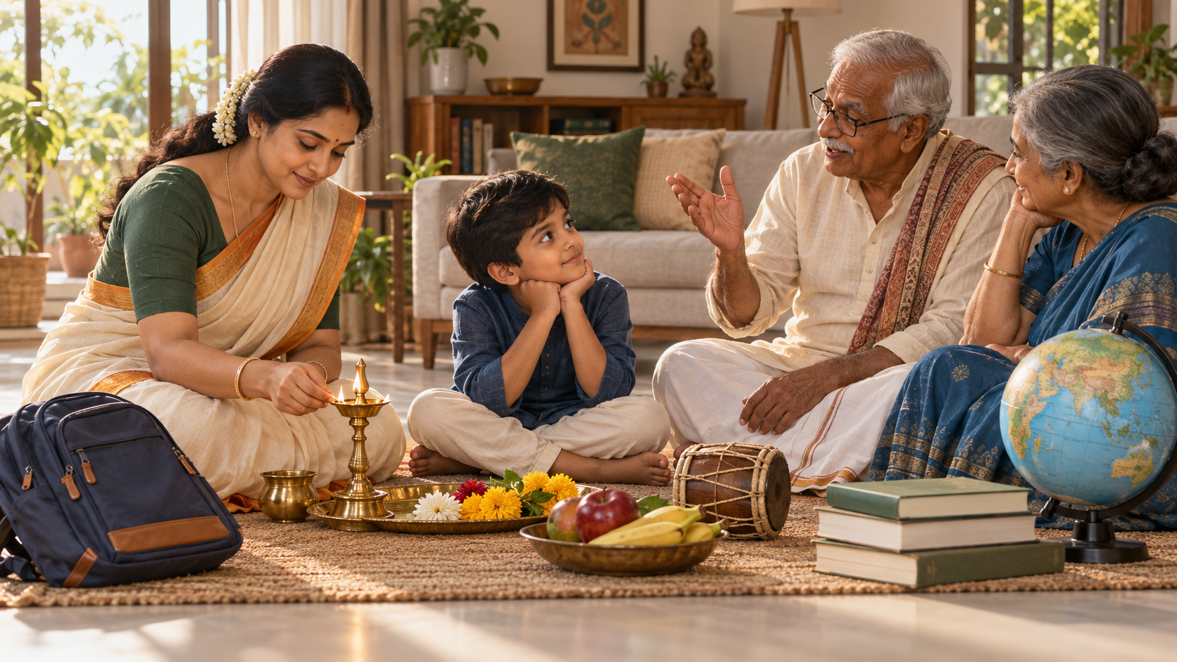 A child learns with a parent and grandparent beside a lamp, flowers, a globe, a drum, and a school backpack in a sunlit home.