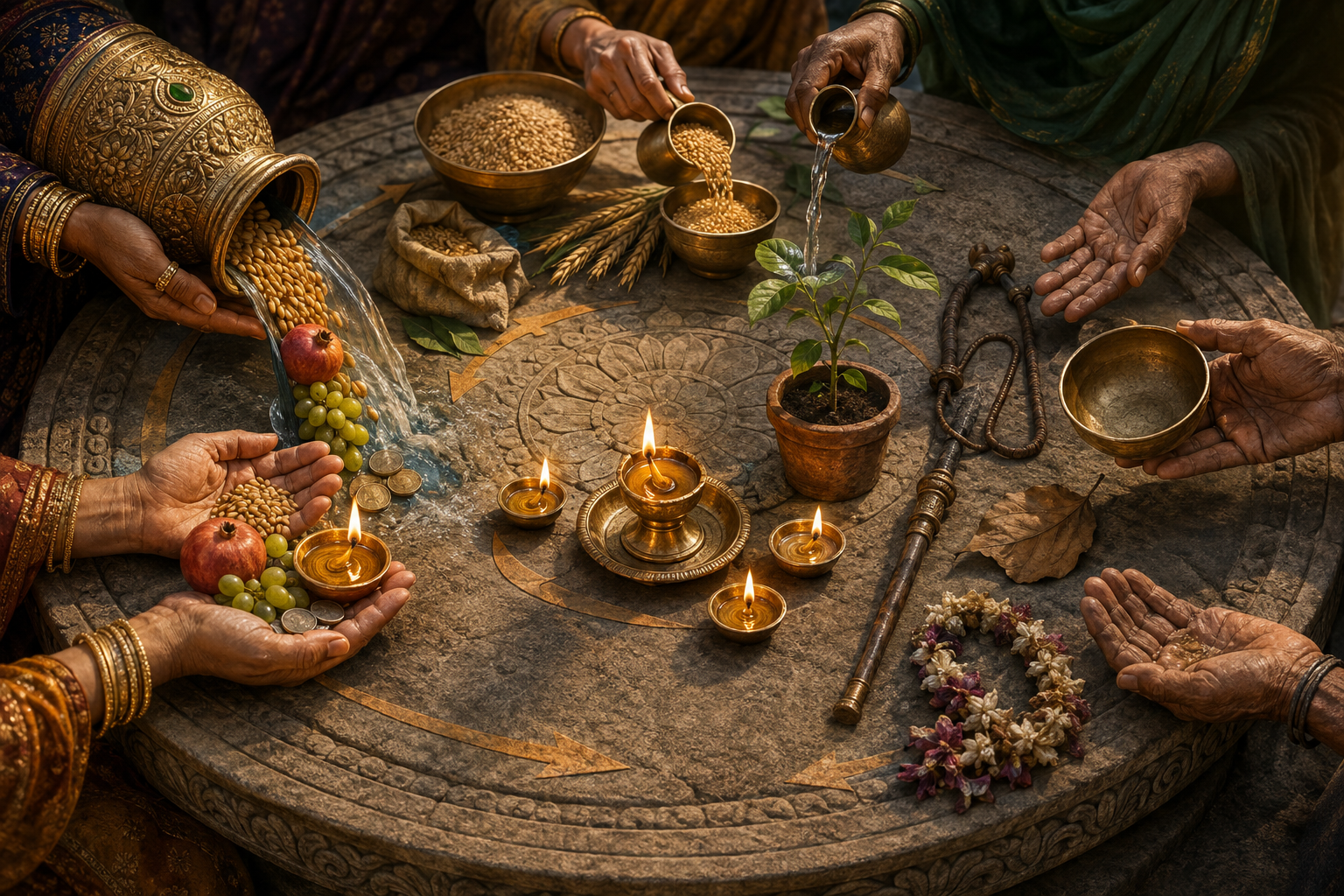 Hands receive grain, fruit, water, coins, and a lamp, share them around a circular stone platform, and release an empty bowl, dry leaf, and spent flowers.