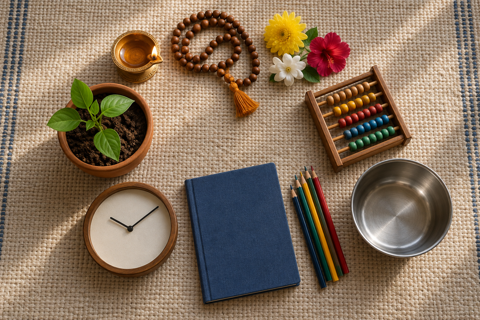 A lamp, prayer beads, flowers, counting frame, pencils, closed notebook, bowl, seedling, and clock are arranged on a woven mat.