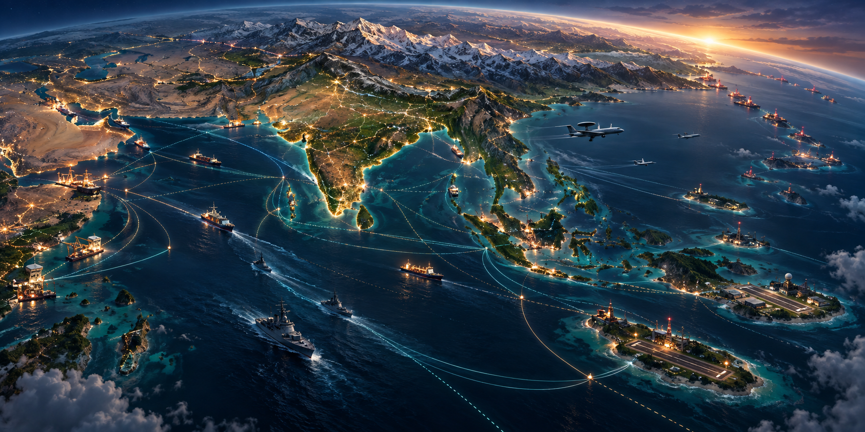 Editorial illustration of India between the Himalayas and the Indian Ocean, surrounded by sea routes, ports, island airfields, ships, and regional infrastructure networks.
