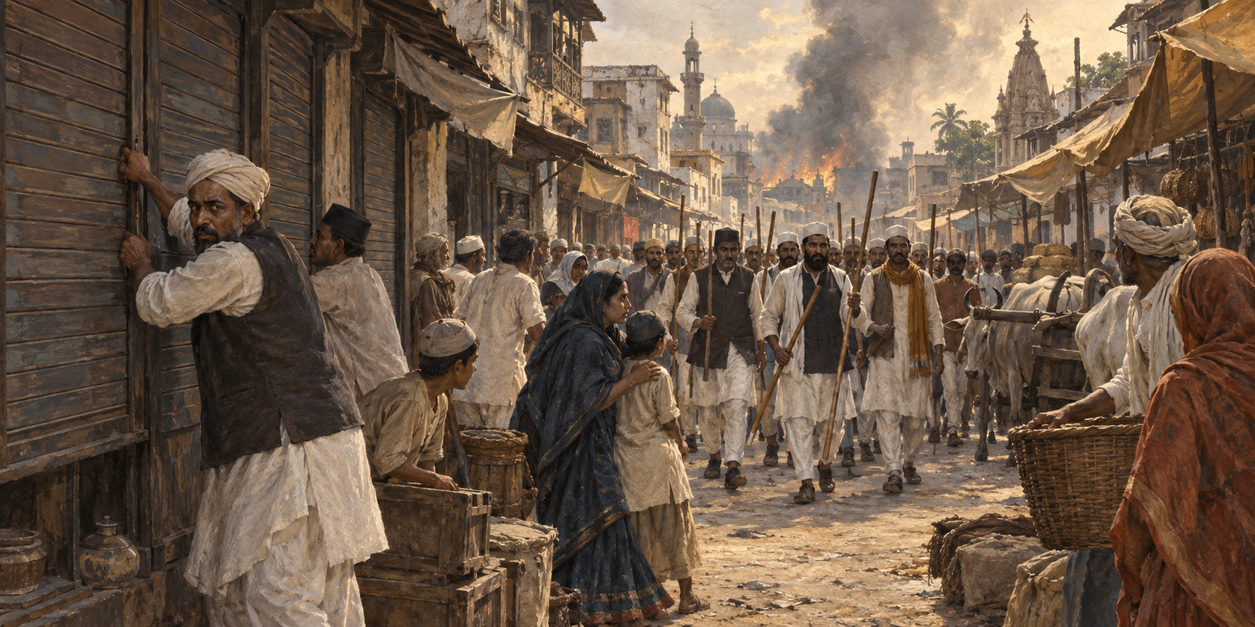Illustrated 1921 Malegaon bazaar where shopkeepers close their shutters as staff-carrying enforcers approach and smoke rises in the distance.
