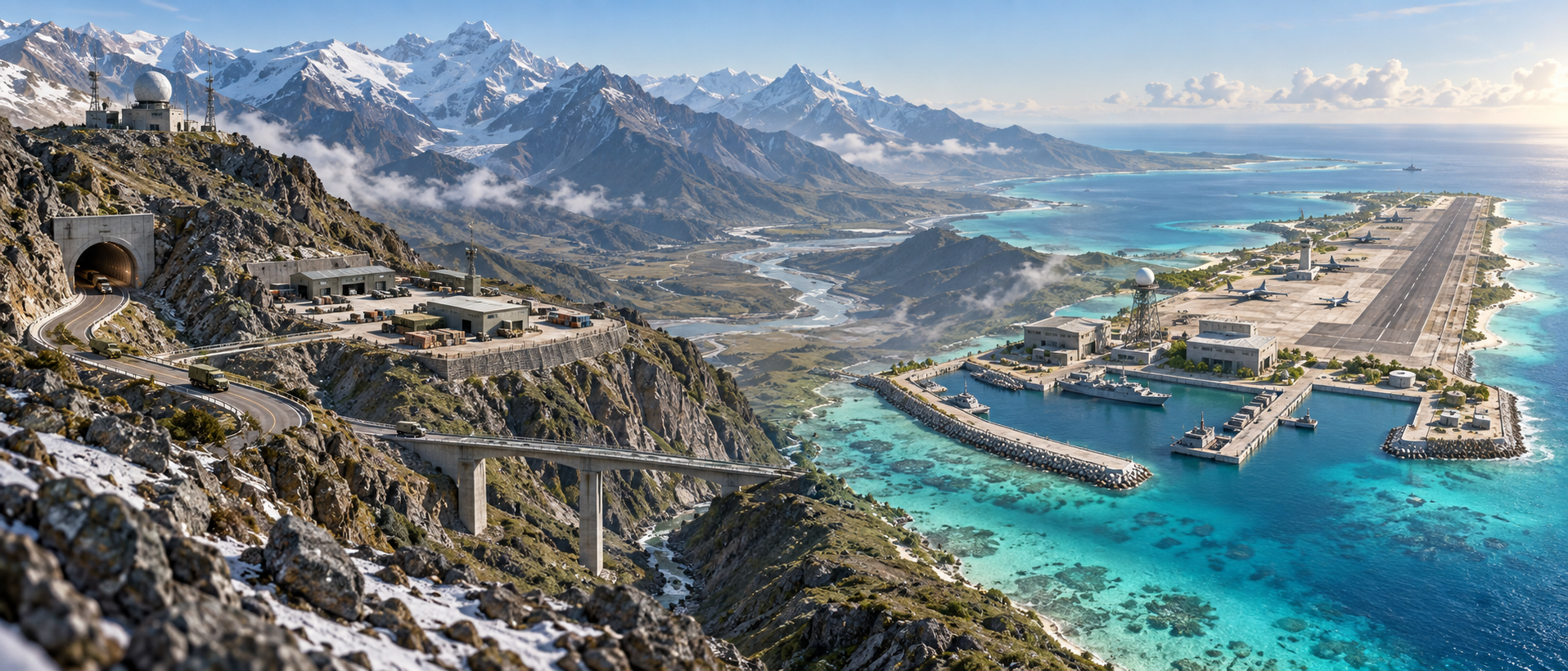 Conceptual composite of an all-weather mountain logistics corridor and a fortified reef outpost with a runway, harbor, radar structures, and hardened buildings.