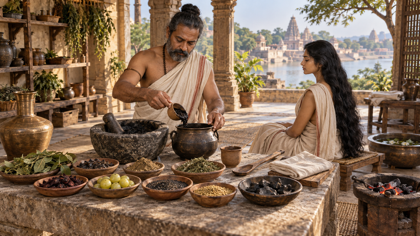 An ancient Indian formulator prepares a dark hair-dye mixture with several botanical ingredients, stone tools, an iron vessel, and a charcoal brazier while a seated adult waits nearby.