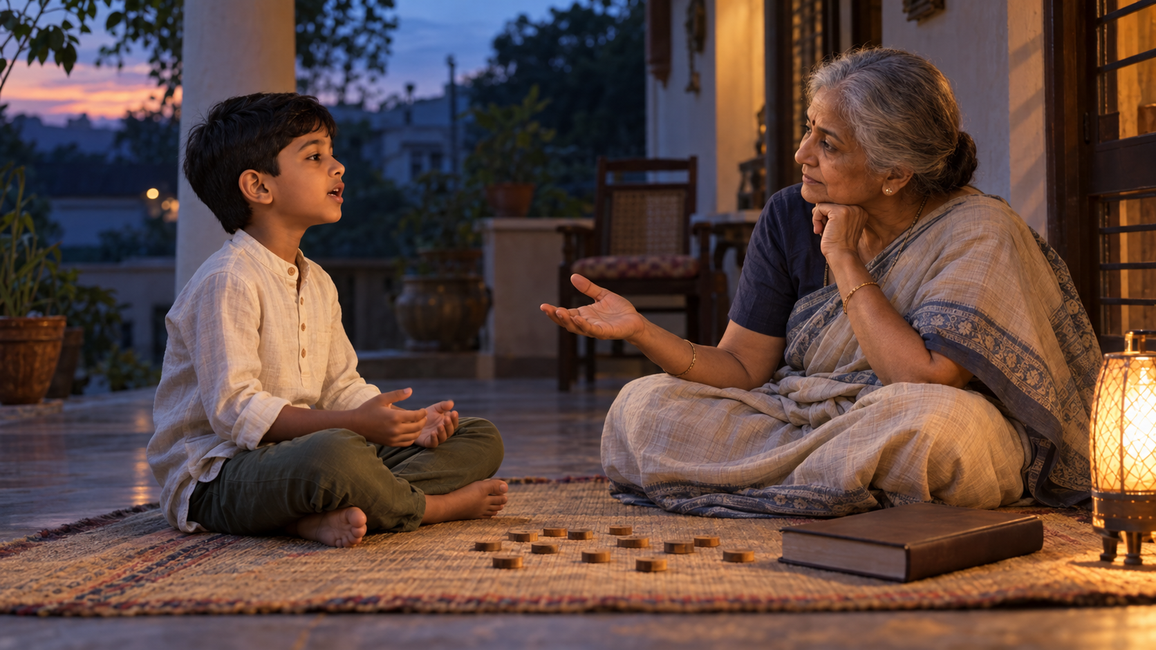 A child recites from memory to an older relative while wooden counters and a closed book rest on the veranda floor.