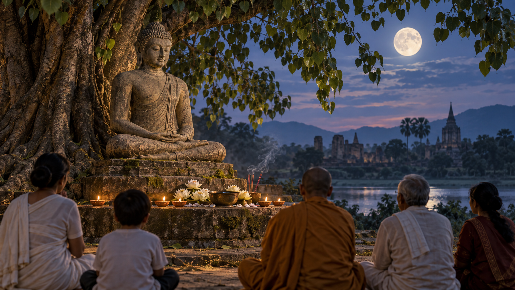 A seated stone Buddha beneath a bodhi tree on a full-moon evening, with lamps, lotus flowers and several devotees meditating nearby.