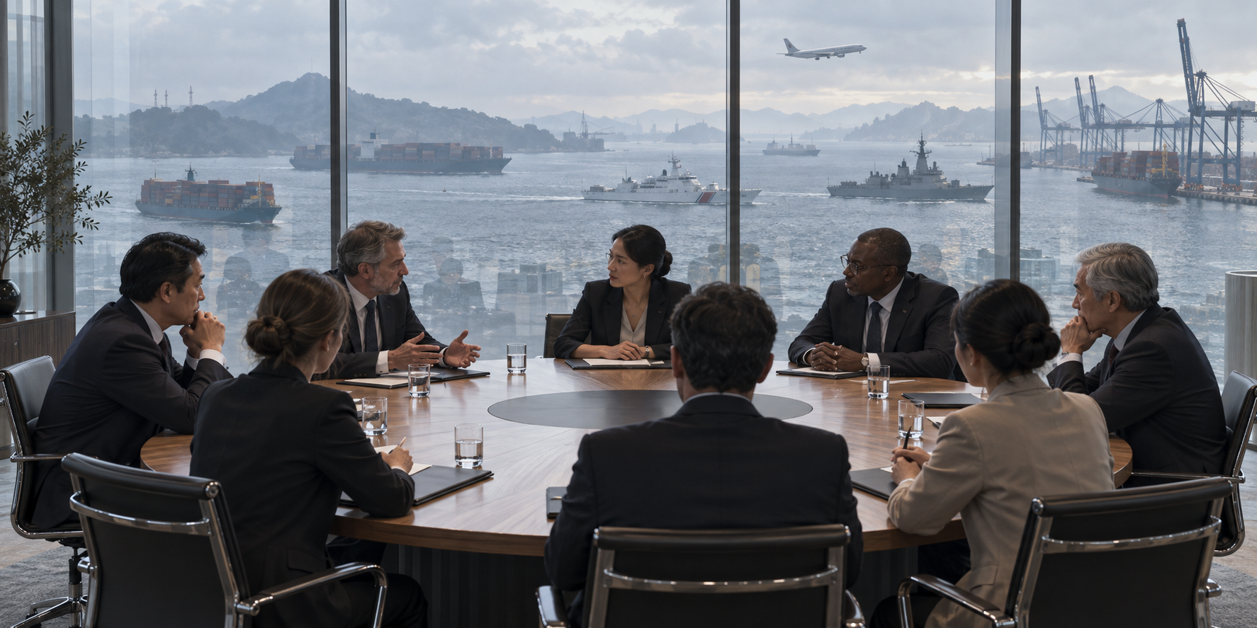Anonymous diplomats meet around a circular table while patrol ships, port construction, cargo vessels, and an aircraft are visible through windows behind them.