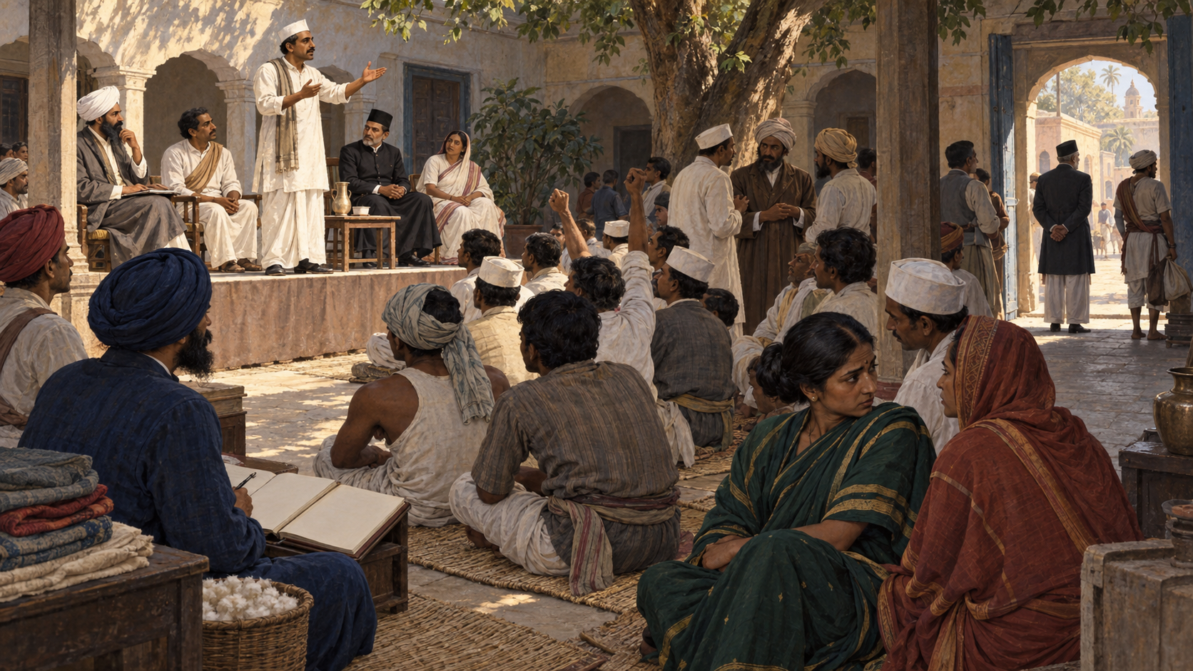 A 1921 courtyard meeting of workers, merchants, religious organisers and nationalist volunteers, with some participants engaged and others visibly uneasy.