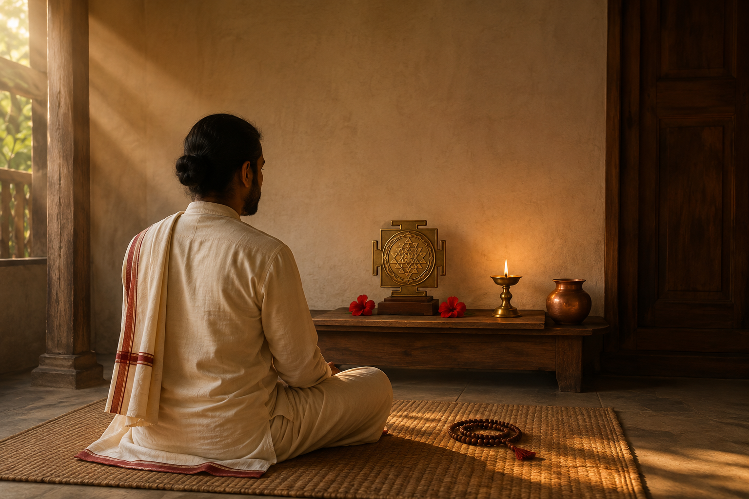 A seated practitioner meditates before a small Sri Chakra, oil lamp, flowers, prayer beads, and copper vessel in a quiet shrine room.