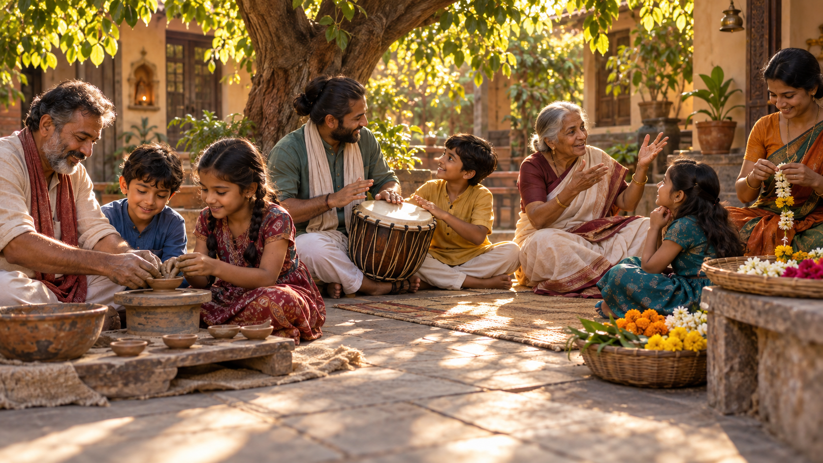 Children learn clay work, drumming, storytelling, and flower-garland preparation from adults in a shaded community courtyard.