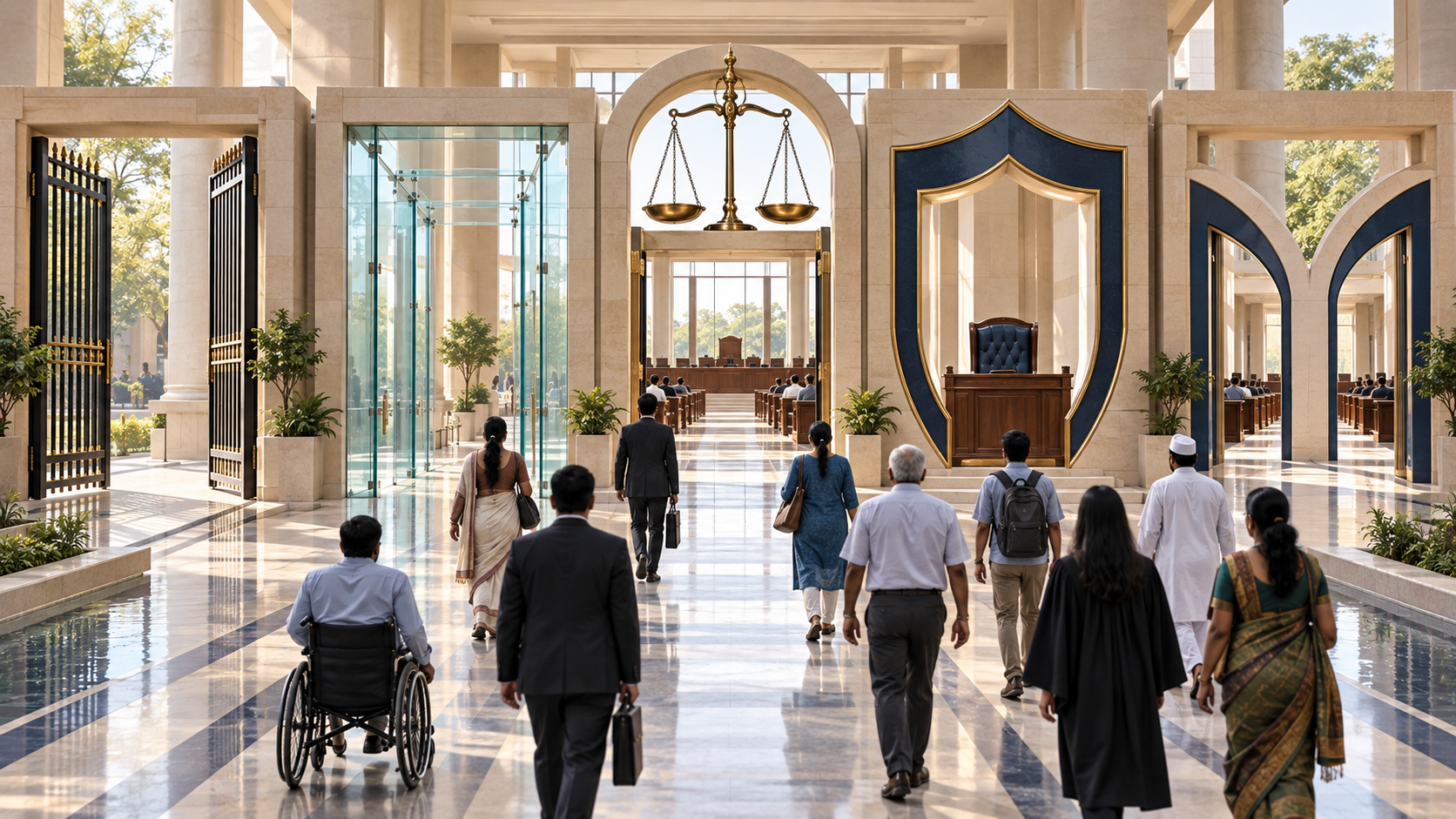Citizens walk through five open architectural thresholds in a courthouse atrium toward an empty courtroom and a balanced scale.