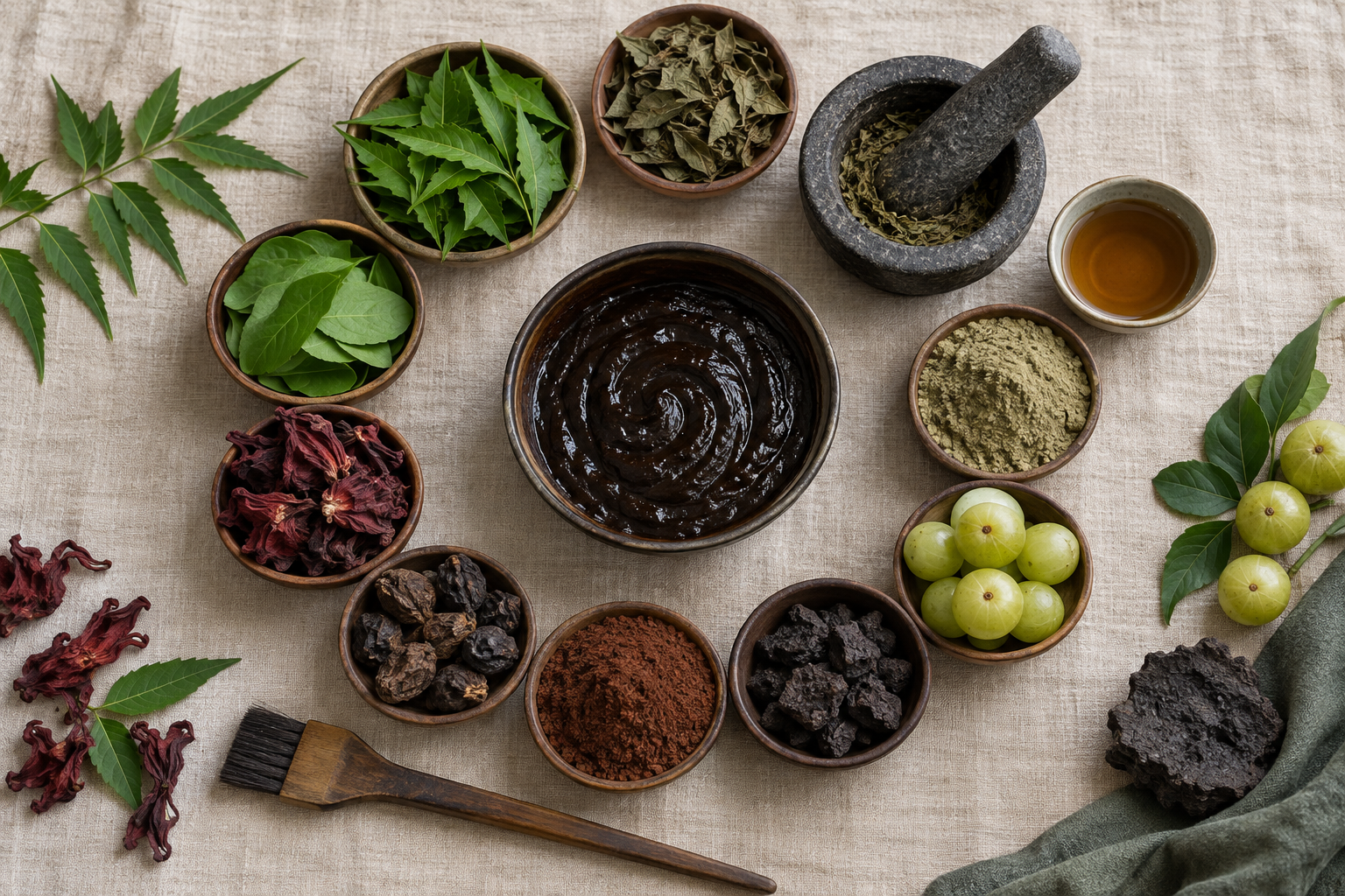 An overhead arrangement of leaves, dried botanicals, fruits, seeds, liquid, an iron-rich material, grinding tools, and a central bowl of dark hair-dye mixture.