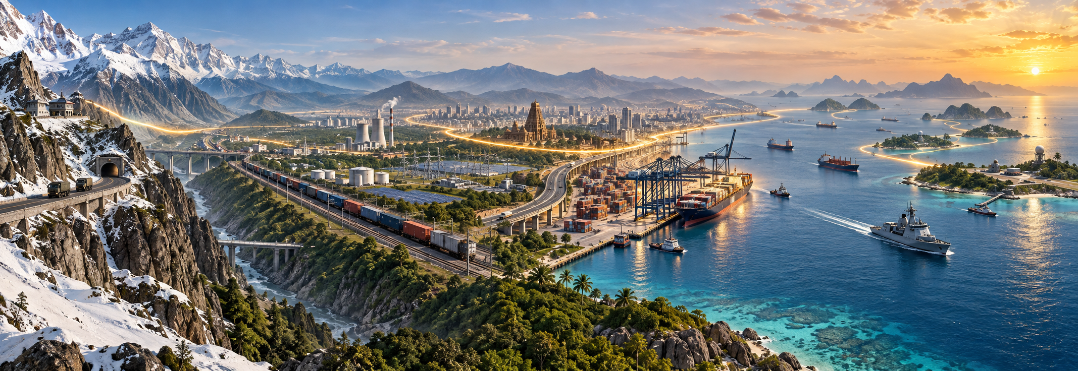 Panoramic illustration linking a Himalayan road, rail and industrial infrastructure, an Indian port, merchant shipping, naval patrols, and island facilities.