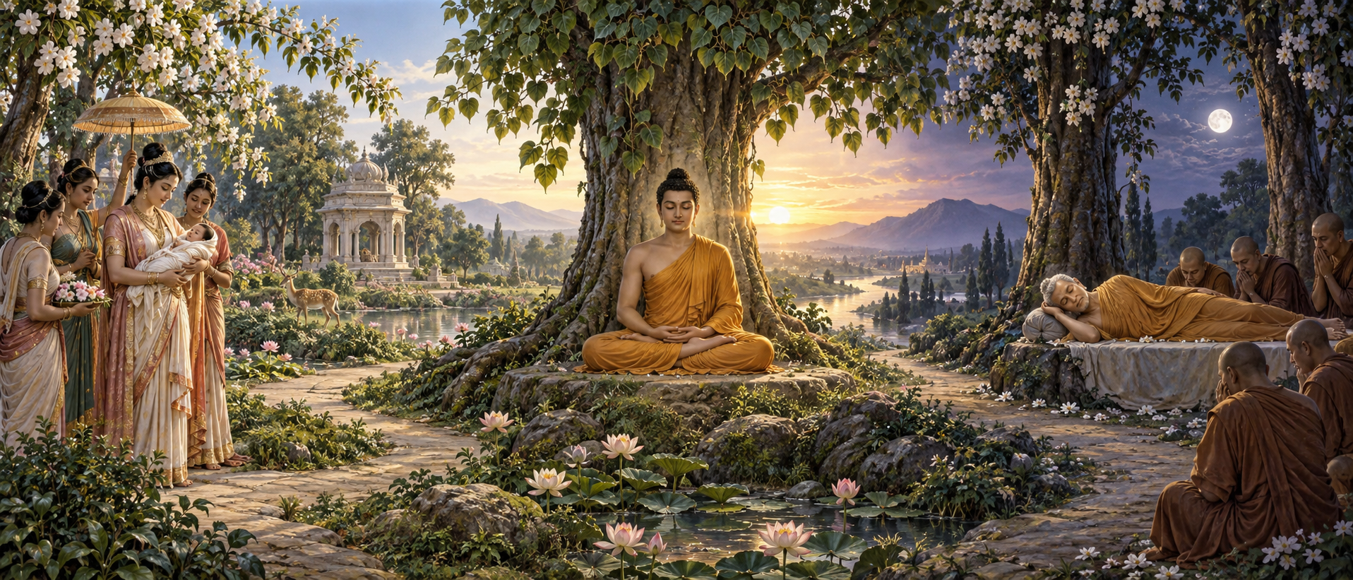A panoramic illustration showing the Buddha's birth in a garden, enlightenment beneath the bodhi tree and final passing among disciples under sal trees.
