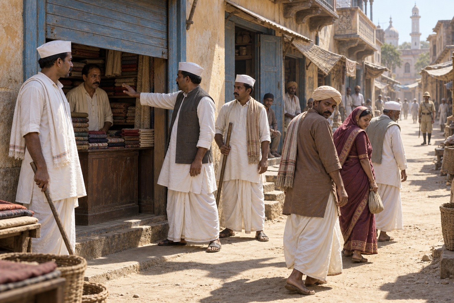 Volunteers carrying wooden staffs block customers from a cloth shop in a tense 1921 Malegaon market while neighboring traders watch.