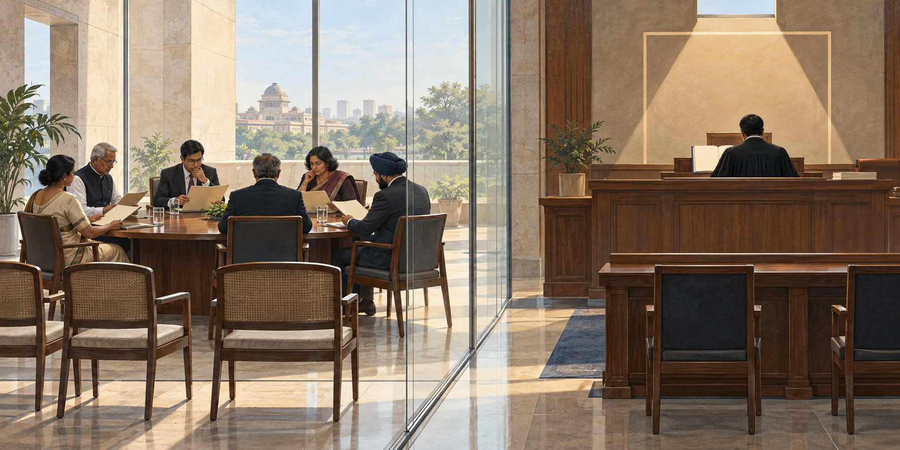 A transparent wall separates a diverse appointment panel reviewing blank folders from an anonymous judge studying an unmarked law book at a courtroom bench.