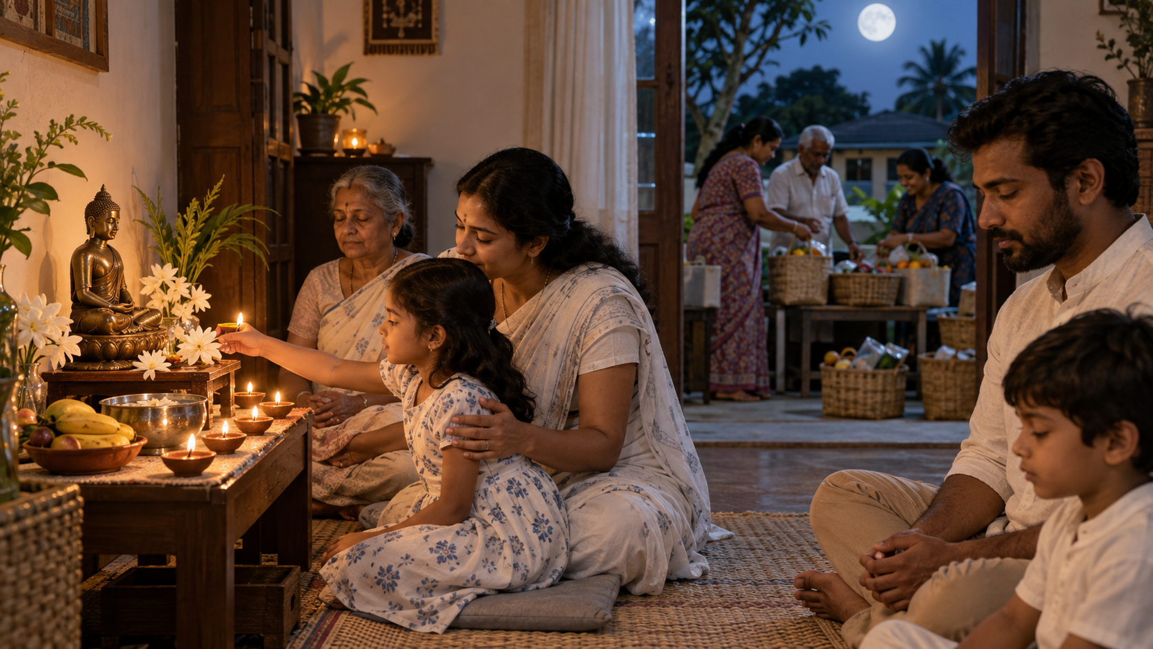 A family observes Buddha Purnima at a home shrine while neighbours prepare baskets of food for charitable giving.