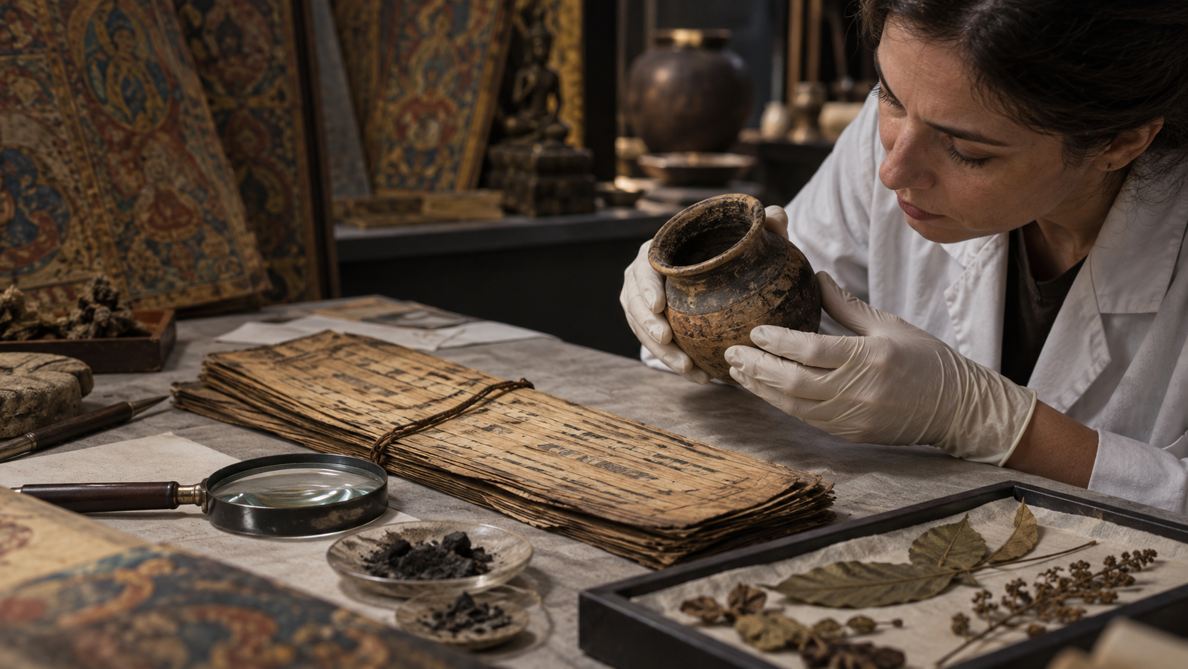 A gloved conservator examines an old vessel with dark residue beside a palm-leaf manuscript, botanical specimens, and a magnifying lens on a museum worktable.