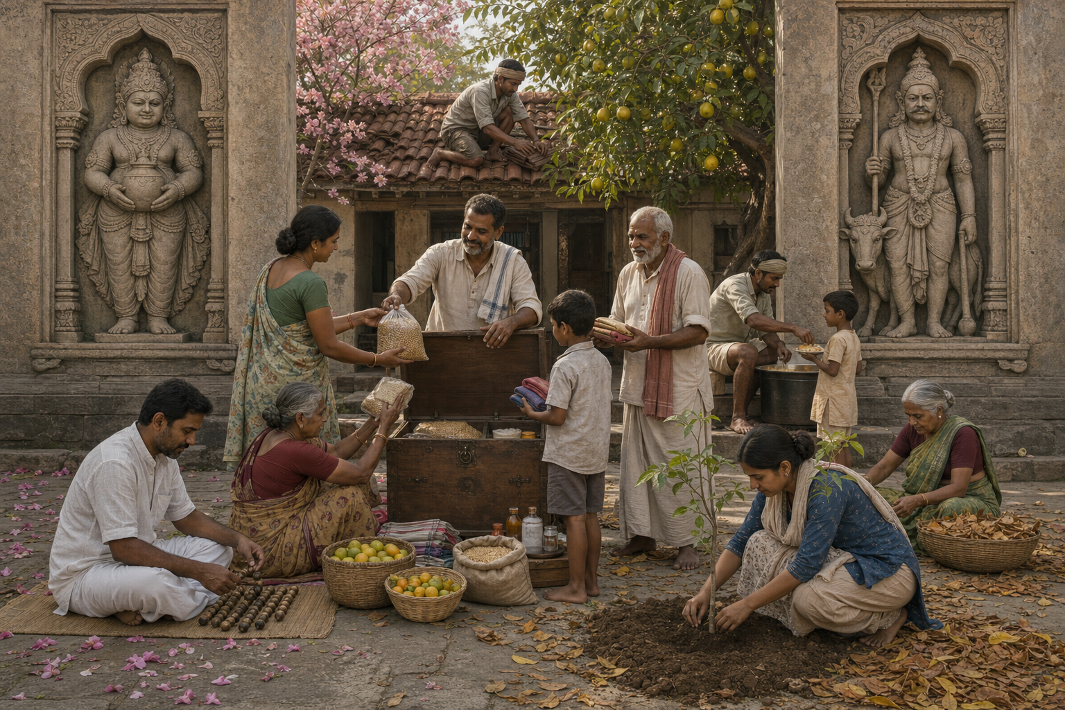 People distribute supplies, repair a building, serve food, and tend a tree in a courtyard framed by equal stone reliefs of Kubera and Yama.