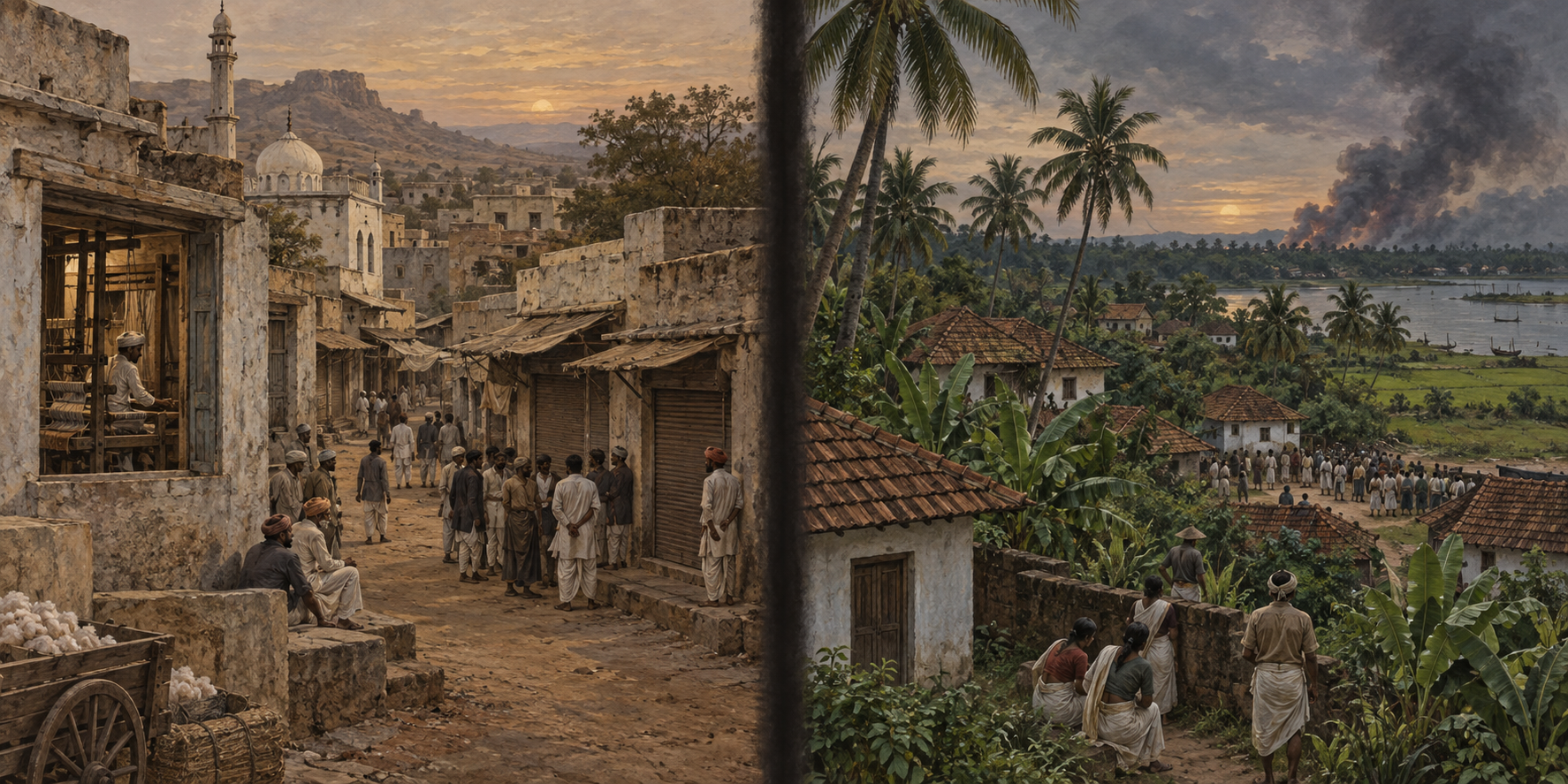 A split historical illustration contrasts the dry streets and shuttered shops of 1921 Malegaon with a green Malabar village and distant smoke.