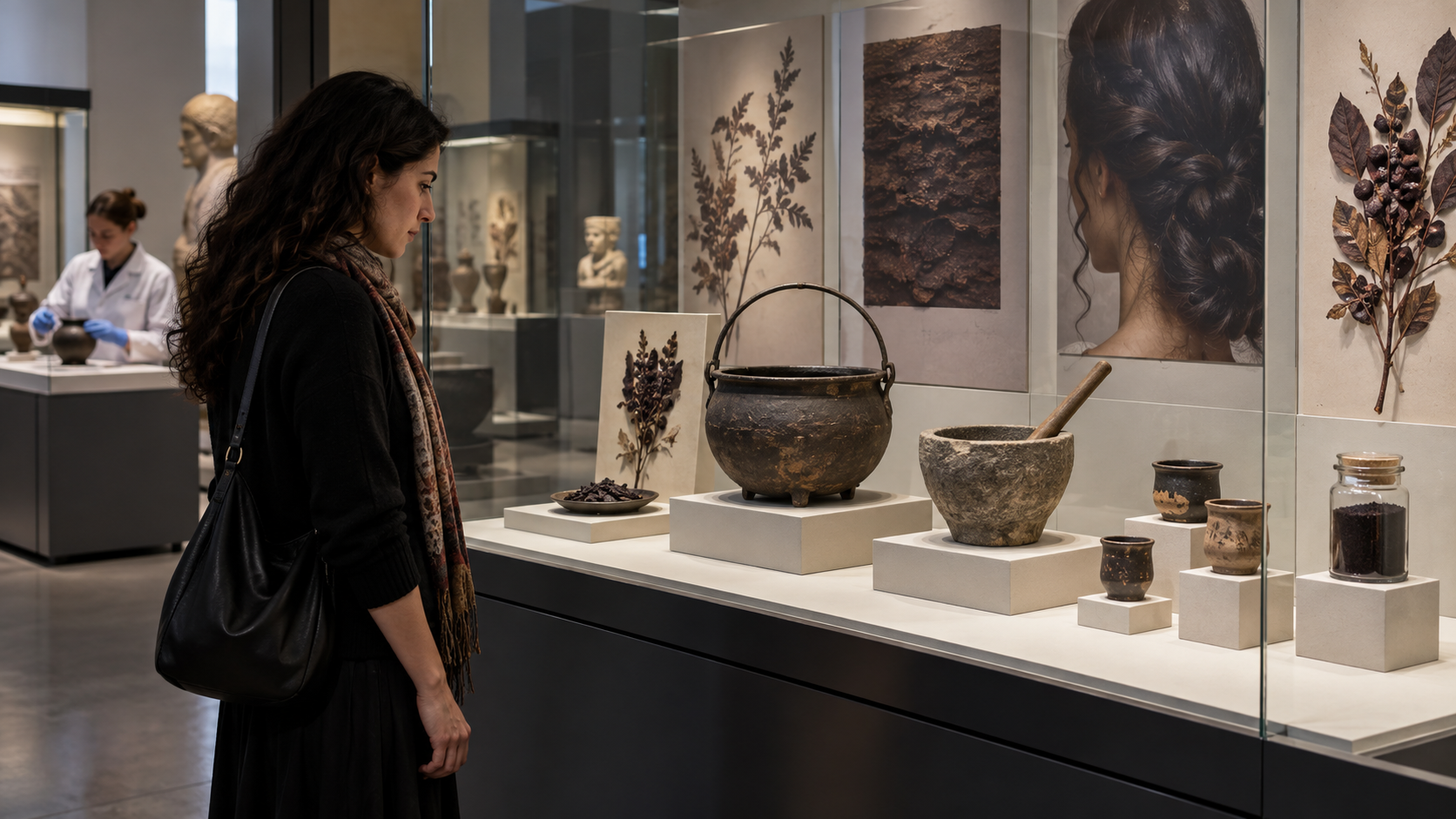 An adult visitor views ancient-style dye vessels, tools, dried plants, and a sealed dark residue sample displayed behind protective museum glass.