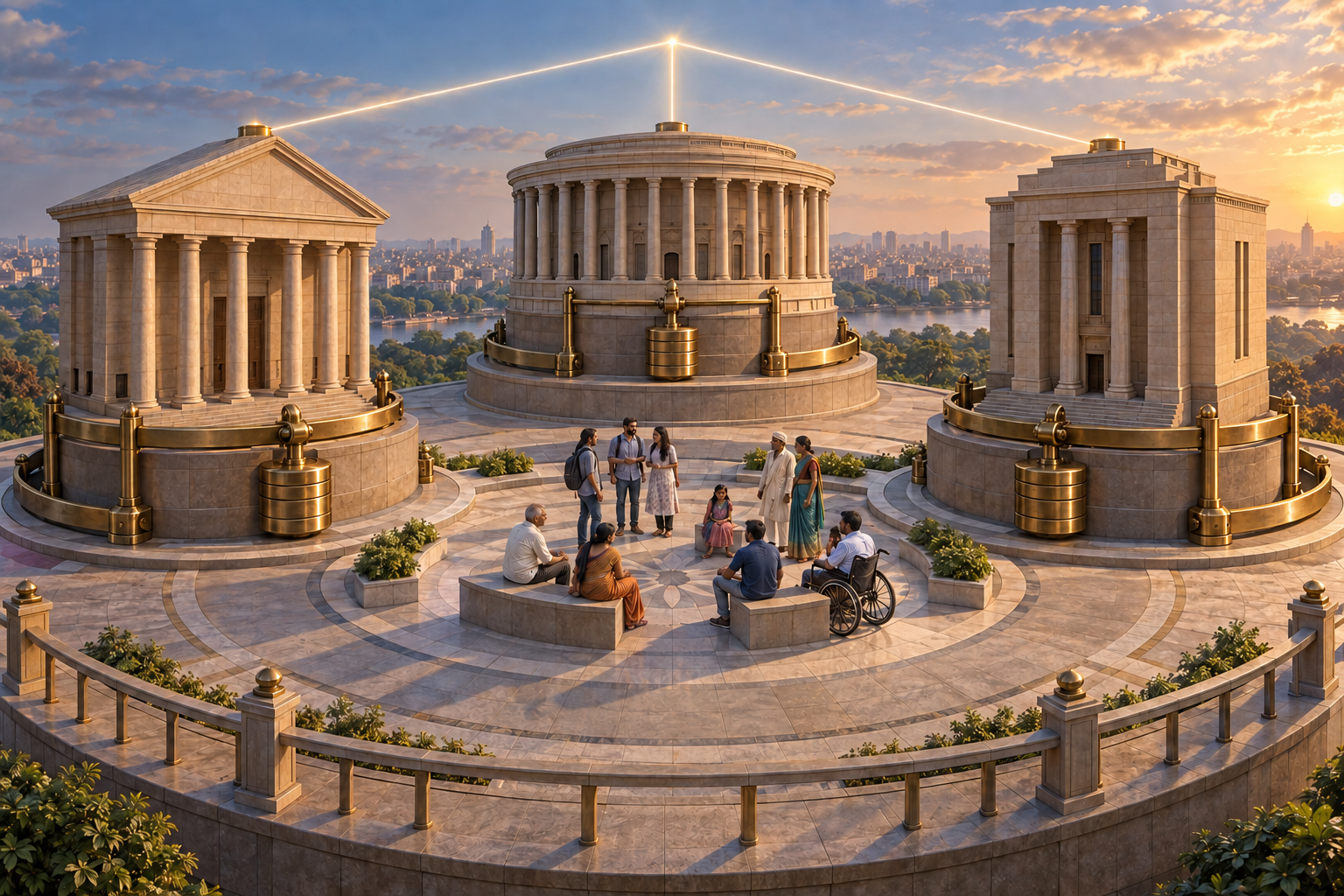 Three distinct civic pillars with brass counterweights surround citizens standing on a shared circular platform.