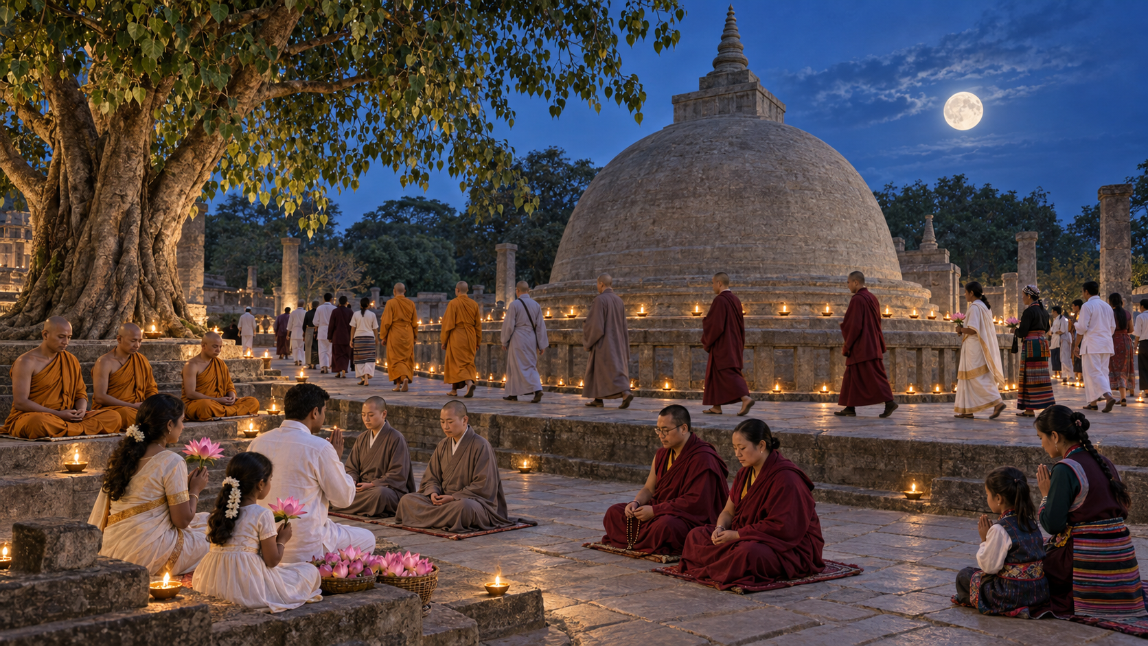 Monastics and lay families from several Buddhist traditions meditate, offer flowers and walk around a stupa beneath the full moon.