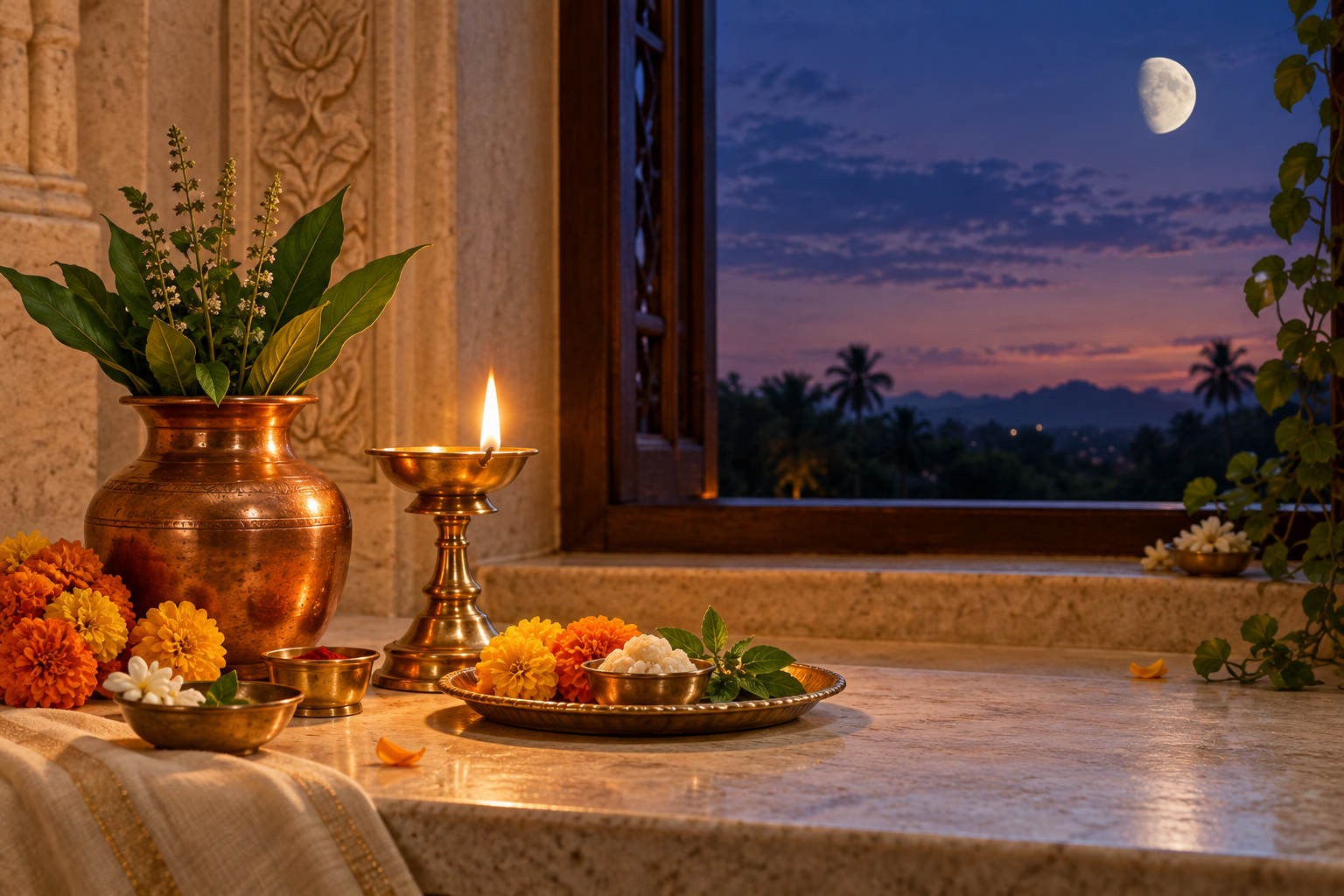 A glowing brass diya, copper kalash, marigolds and tulsi leaves arranged for puja beside a window overlooking a waxing moon at twilight.