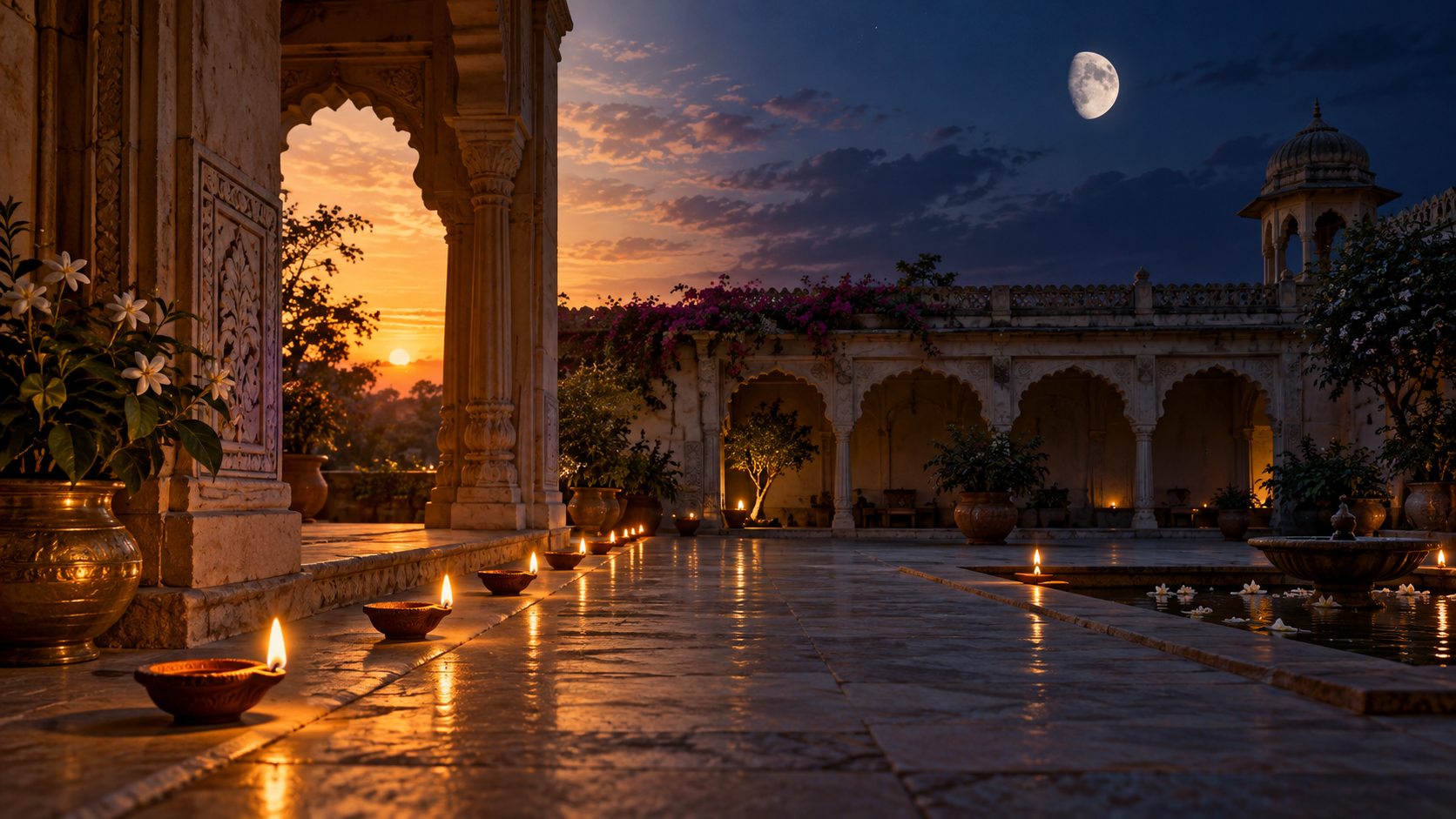 Oil lamps cross a traditional courtyard as the sky changes from amber twilight to indigo night beneath a waxing moon.