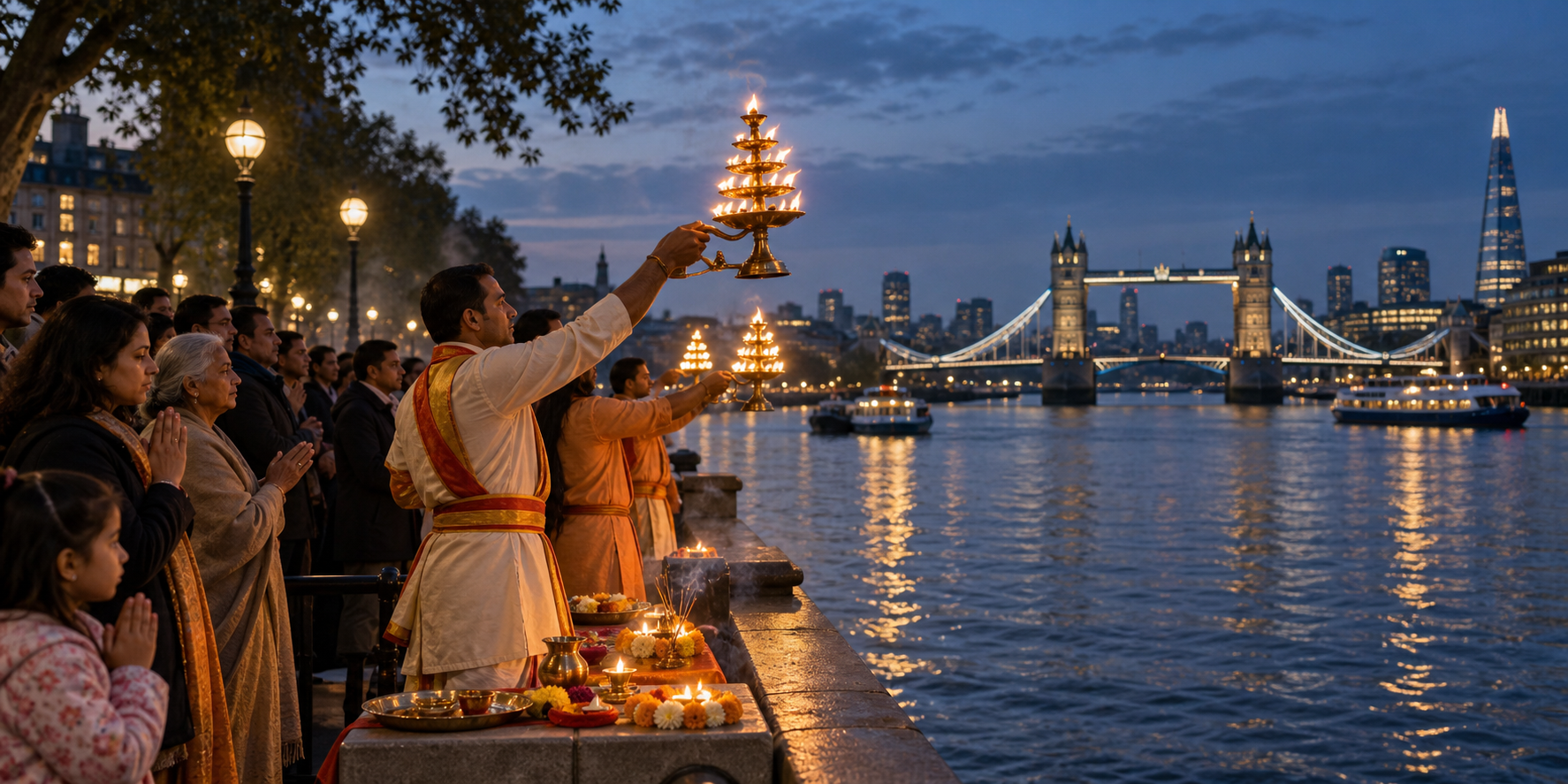 British Hindu worshippers hold glowing brass aarti lamps beside the River Thames at dusk, with Tower Bridge in the distance.