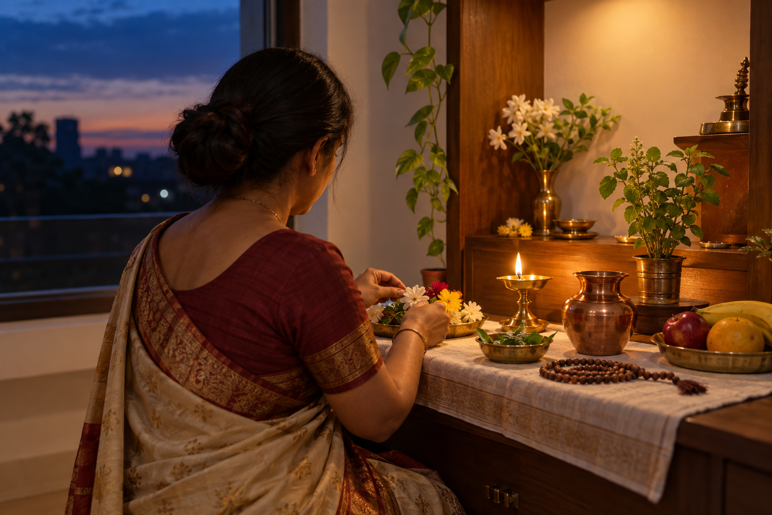 A devotee arranges a diya, copper vessel, flowers, fruit, tulsi leaves and prayer beads for an evening observance at home.