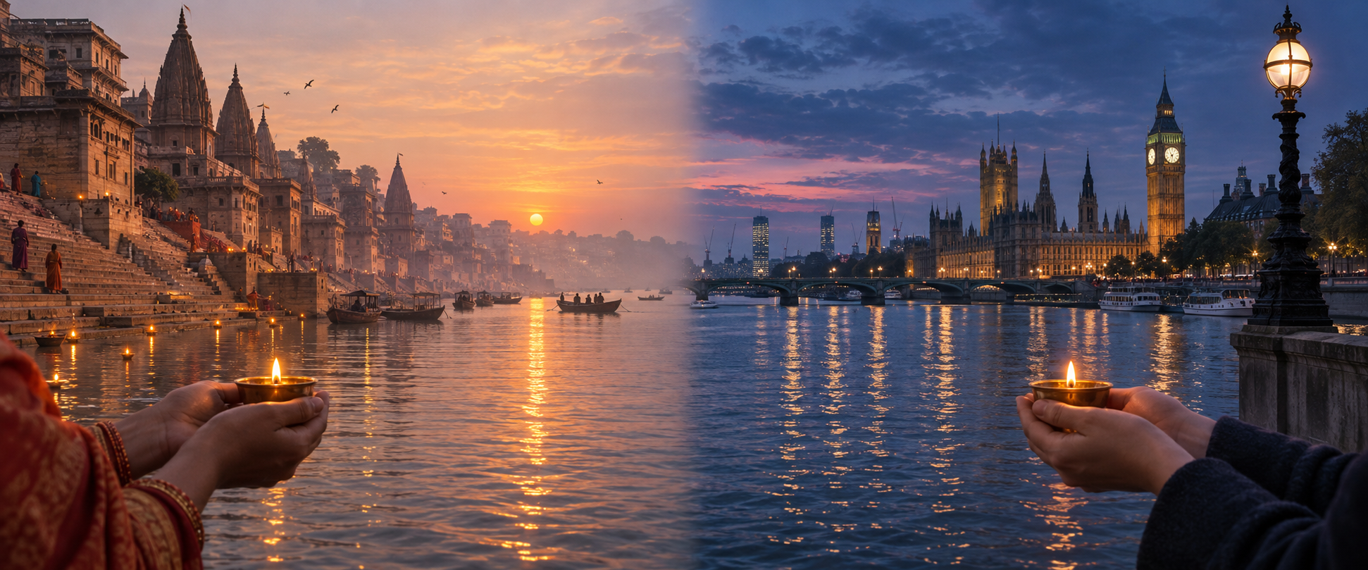 Editorial illustration of the Ganga ghats and the Thames shown as distinct rivers, each approached with a glowing brass lamp.