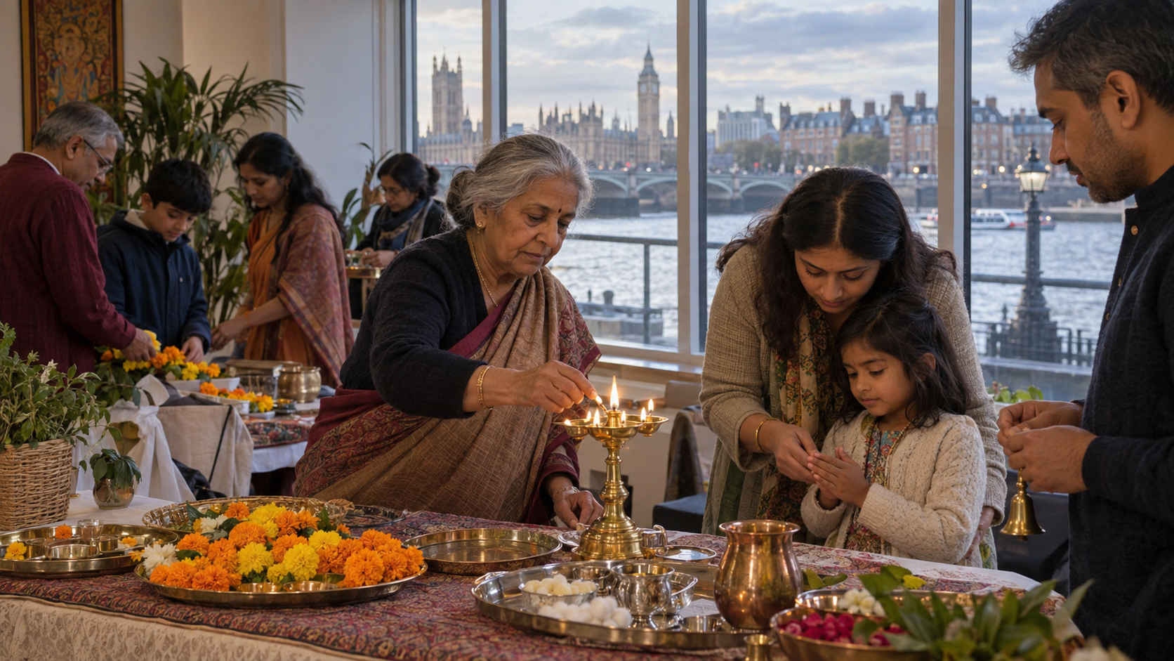 A multigenerational British Hindu family prepares brass lamps and reusable ceremonial materials in a community space overlooking the Thames.