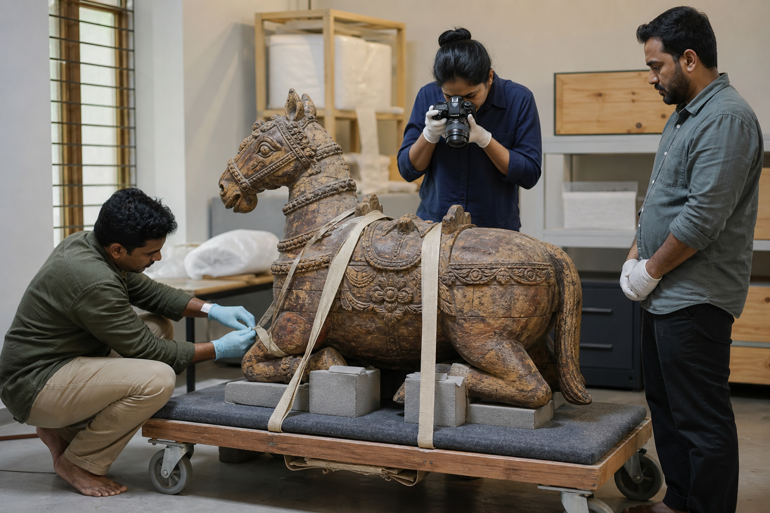 A heritage custodian, conservator, and evidence officer carefully move a wooden ceremonial mount on a padded platform.