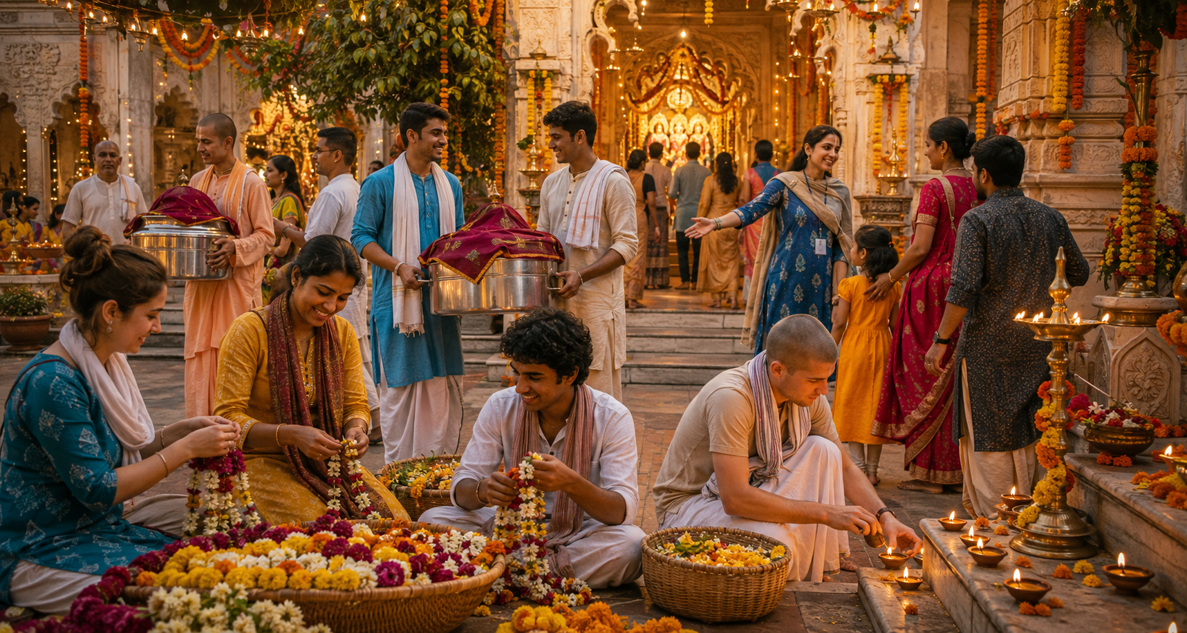 Volunteers arrange garlands, carry prasadam vessels, welcome families, and clean a decorated temple courtyard before Janmashtami.