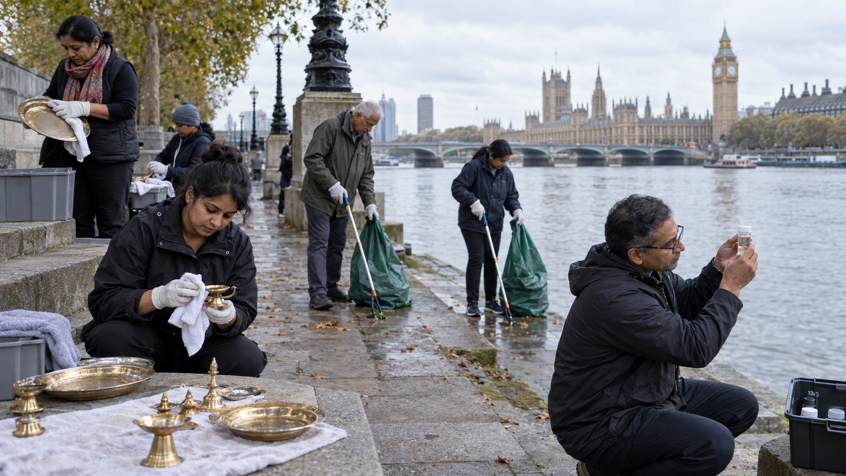 Volunteers clean the Thames embankment, take a water sample, and pack reusable brass lamps after a riverside ceremony.