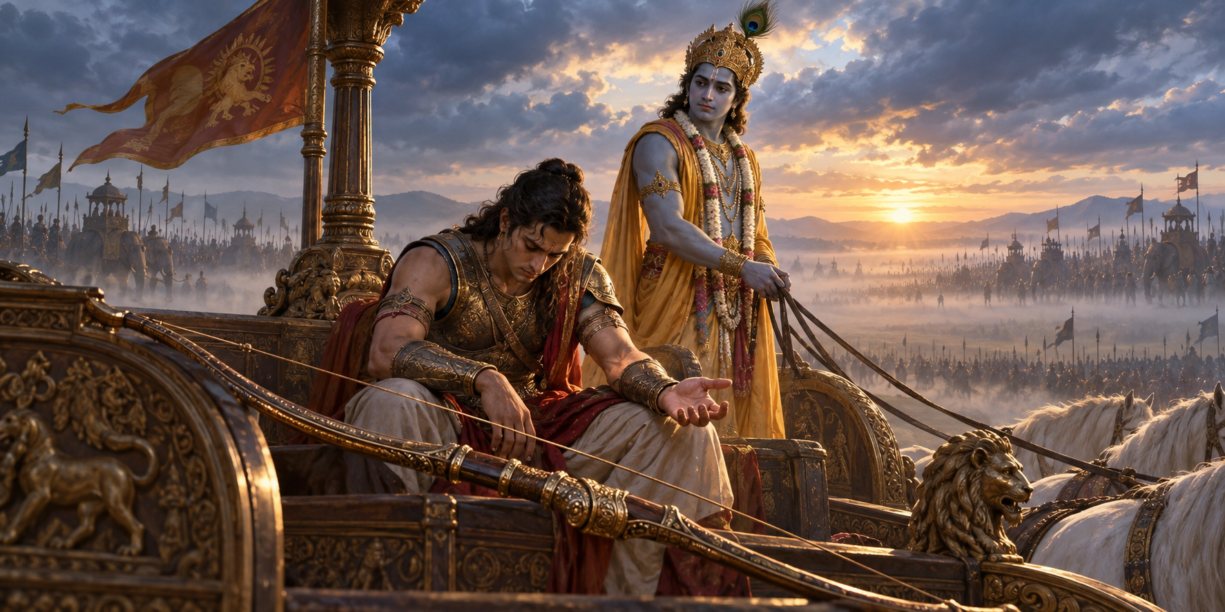 Arjuna sits despondently in his chariot with his open hand above Gandiva while Krishna calmly holds the reins and distant armies wait in the dawn mist.