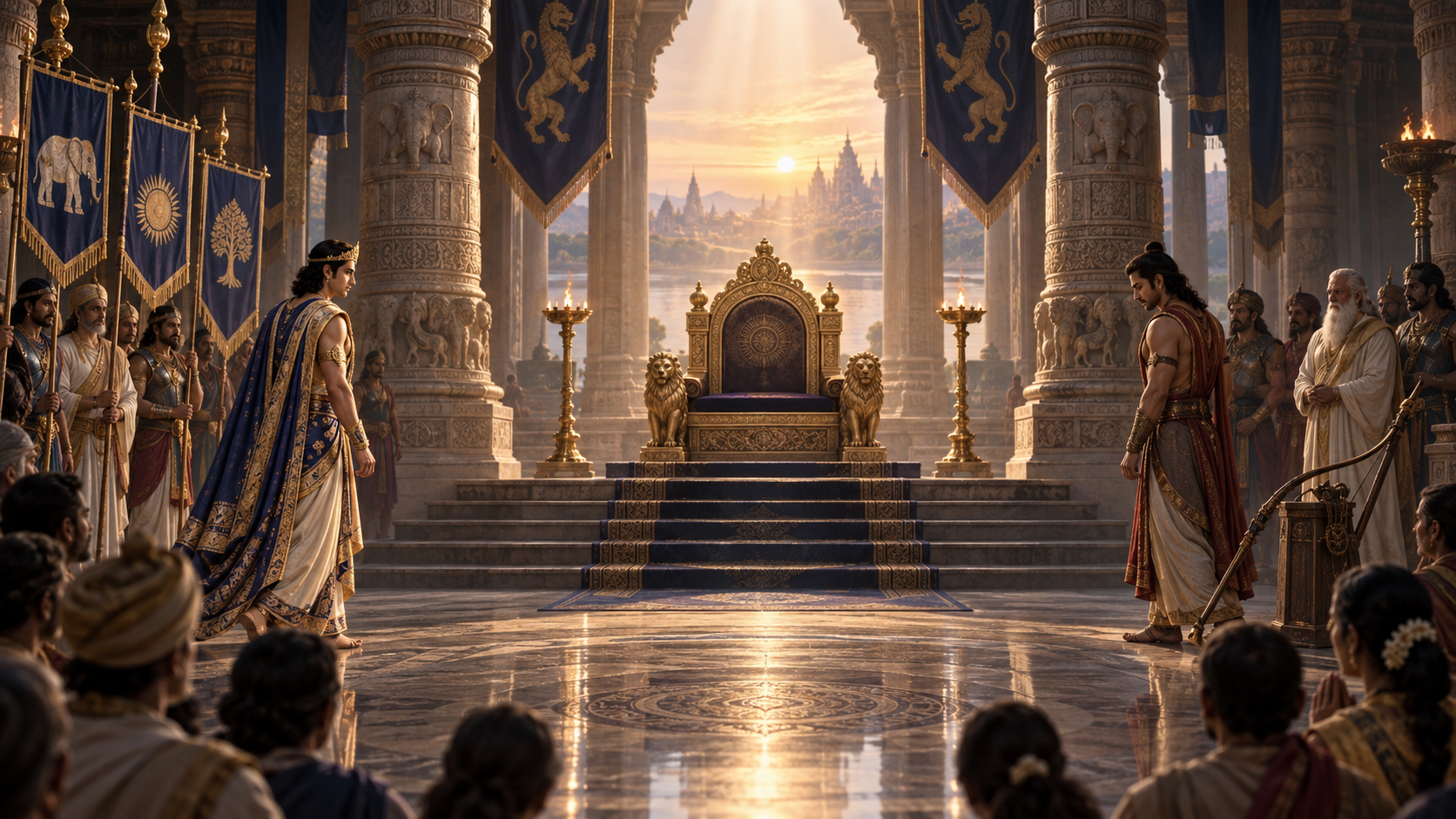 An empty throne in a Kuru assembly hall stands between a richly dressed royal heir and a disciplined warrior-prince as elders and citizens observe.