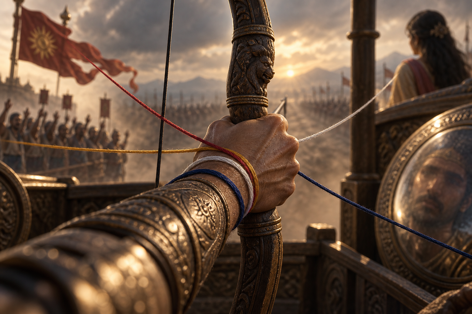 A warrior grips Gandiva while colored silk strands pull his wrist toward symbols of victory, approval, attachment, and self-image.